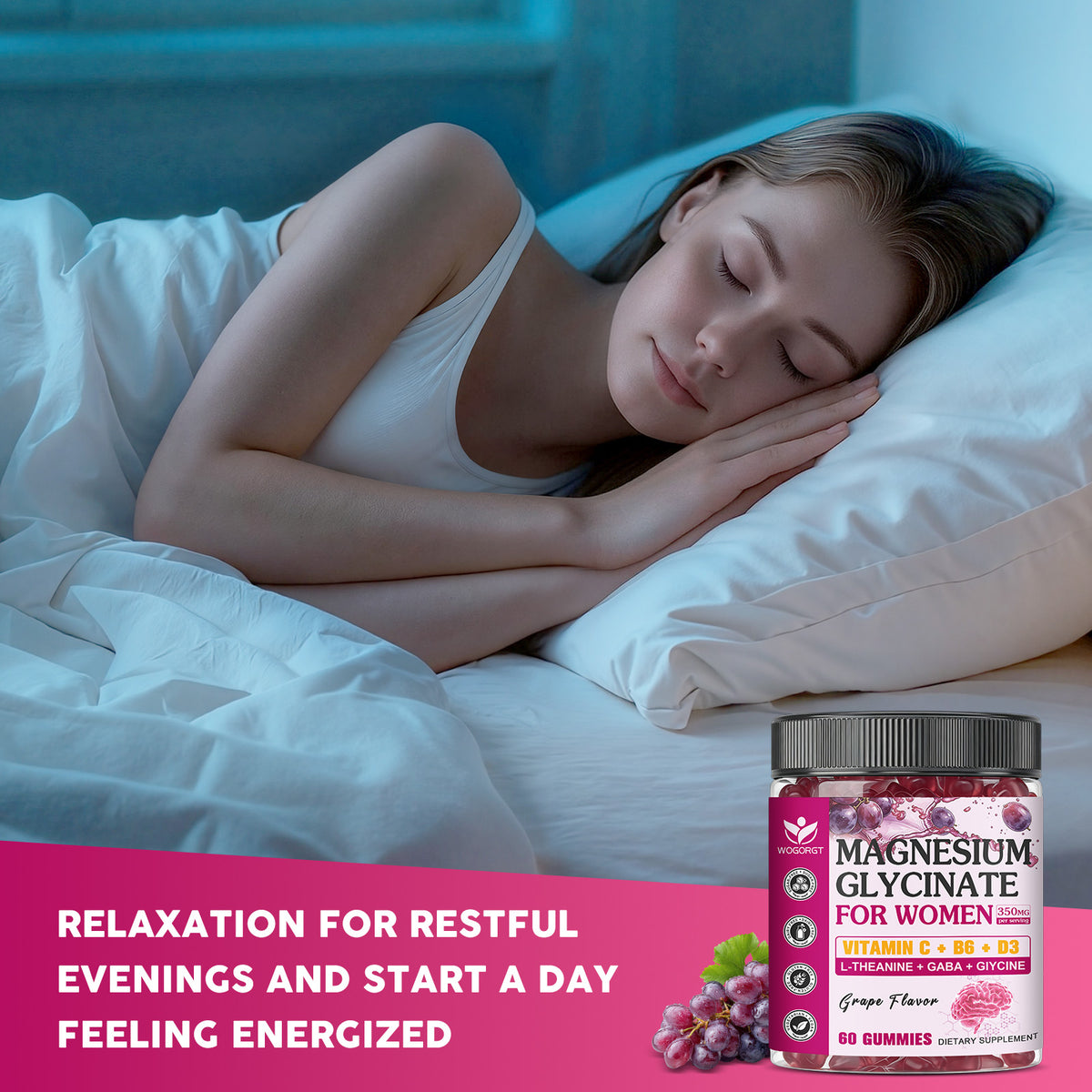 (1pack) Magnesium Glycinate Gummies for Women, Magnesium Glycinate 350 mg with L-theanine, GABA & Glycine, Magnesium Supplement for Women, Cognition Support, Sugar Free, Grape Flavor, 60 Ct