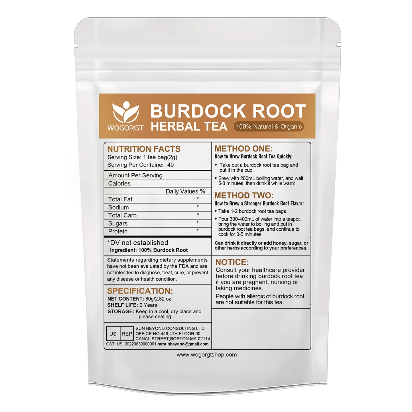 Burdock Root Tea - Natural Burdock Root Herbal Tea Bags for Liver Support, Antioxidant, Digestion and Immune Support, Caffeine Free - 40 Tea Bags