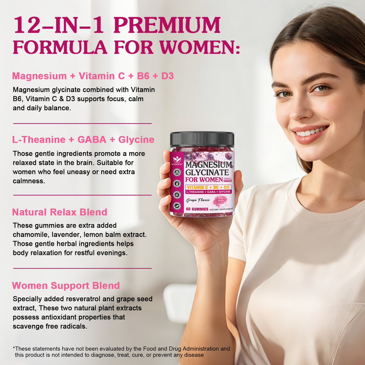 (1pack) Magnesium Glycinate Gummies for Women, Magnesium Glycinate 350 mg with L-theanine, GABA & Glycine, Magnesium Supplement for Women, Cognition Support, Sugar Free, Grape Flavor, 60 Ct