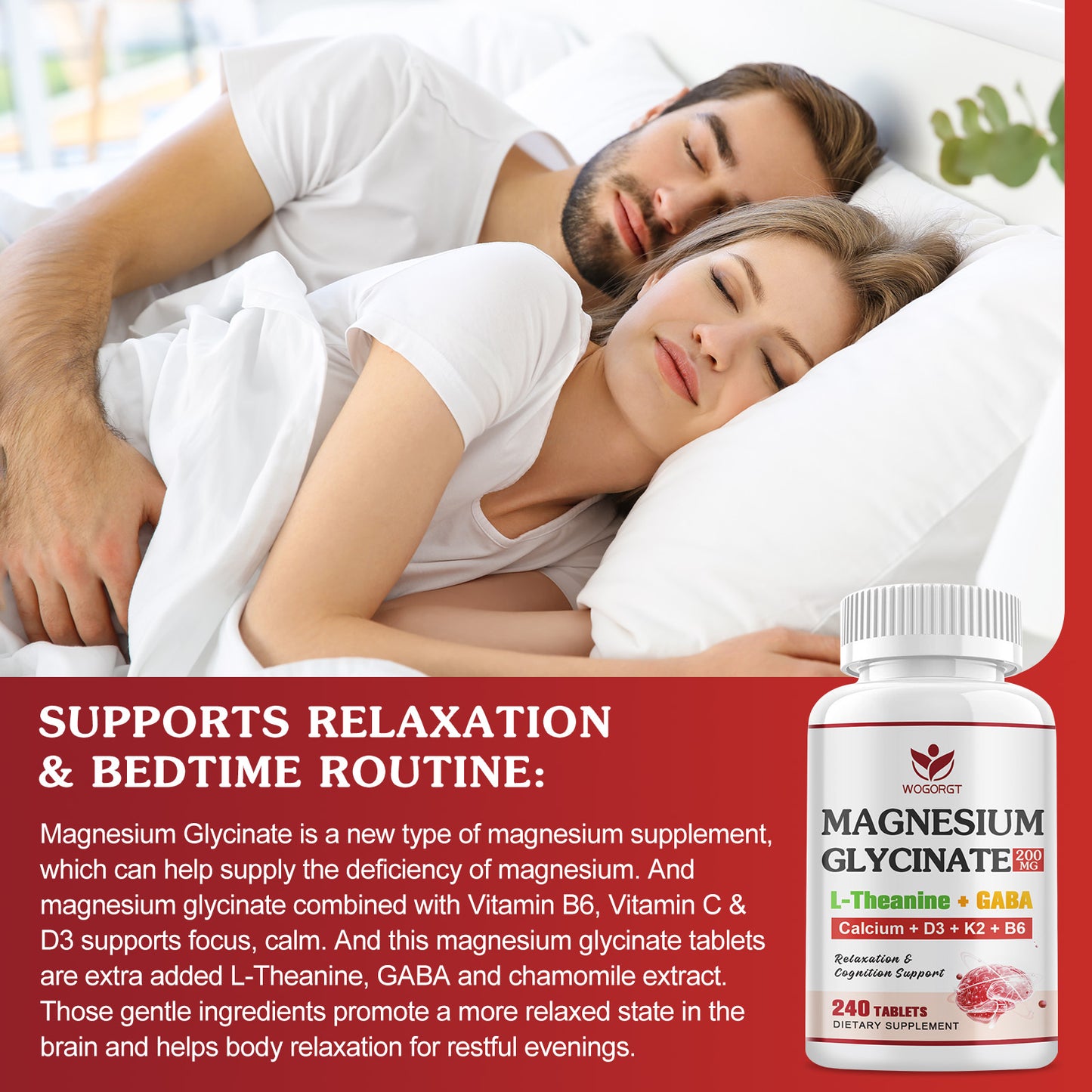 (1Pack) Magnesium Glycinate 200mg Supplement for Women & Men - Relaxation & Cognition Support - Magnesium Glycinate Supplement with L-Theanine, GABA, Chamomile, B6, D3 & K2, Vegan-Friendly - 240 Tablets