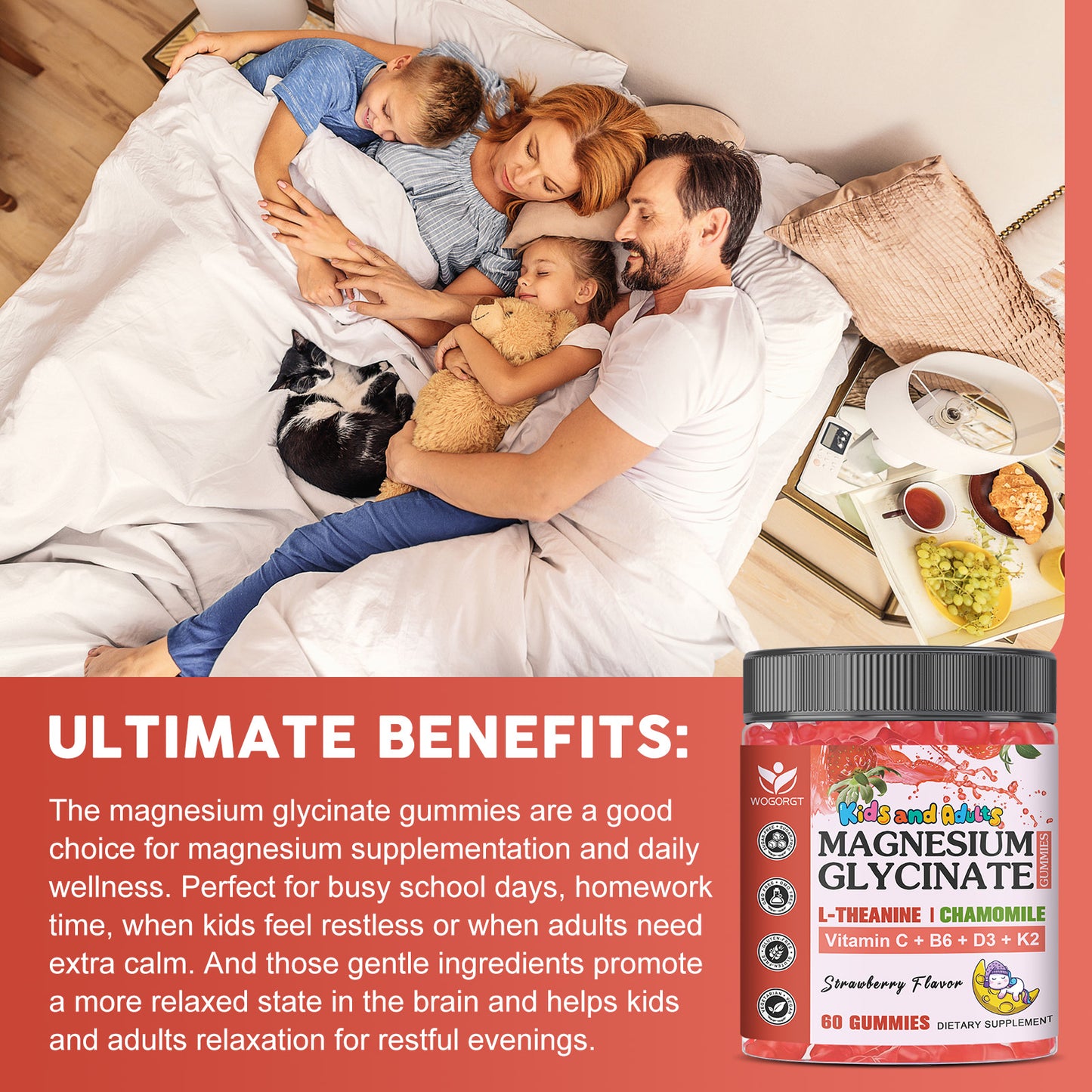 (2pack) Magnesium Glycinate Gummies for Kids & Adults - Relaxation & Cognition Support - 400/200mg Magnesium Supplement with L-Theanine, Chamomile, B6, D3 & K2 - Vegan, Sugar Free, Strawberry Flavor - 60 Gummies