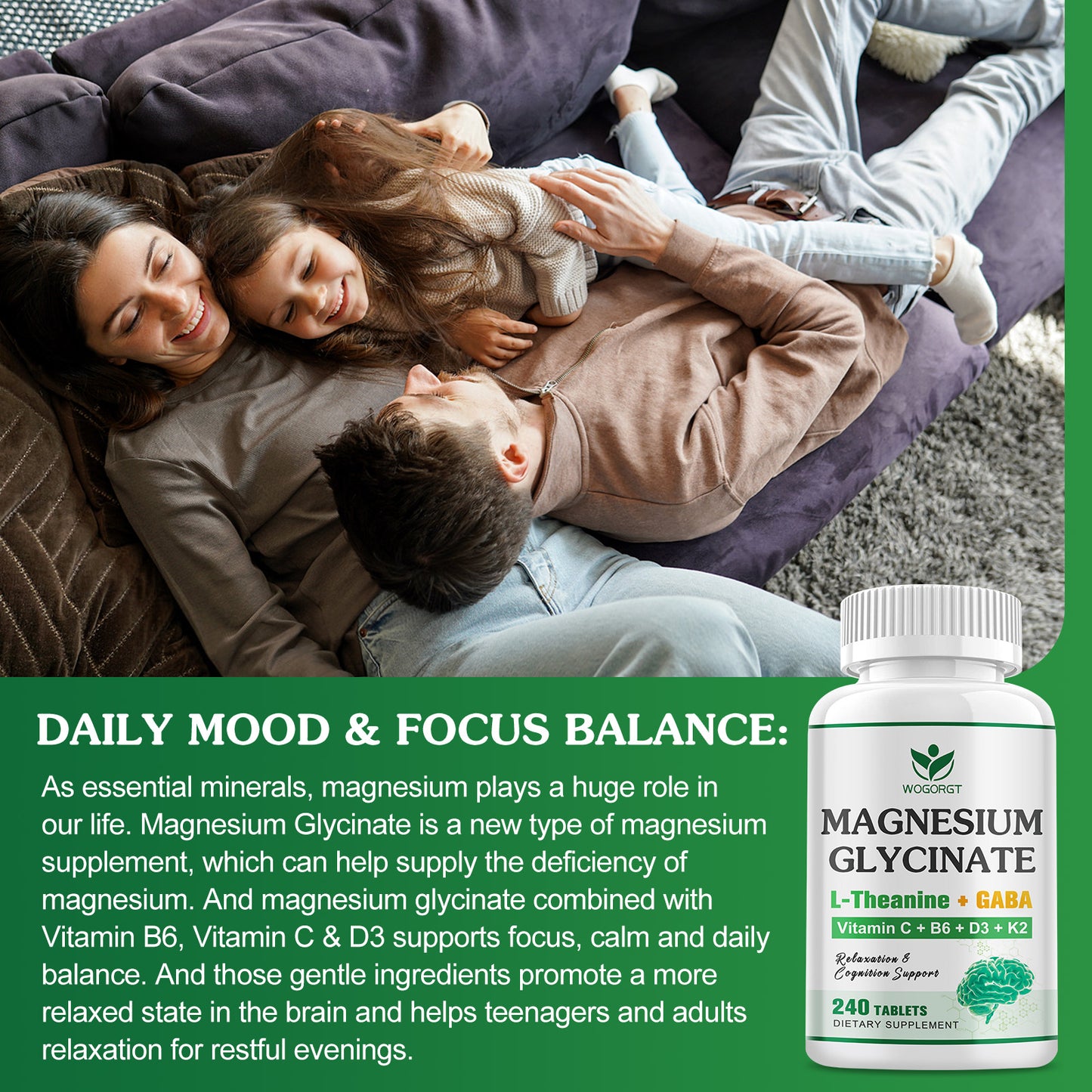 (1Pack) Magnesium Glycinate and L-Theanine Supplement - Relaxation & Cognition Support - 400mg Magnesium Supplement with L-Theanine, GABA, Chamomile, B6, D3 & K2 for Adults & Teens, Vegan - 240 Tablets