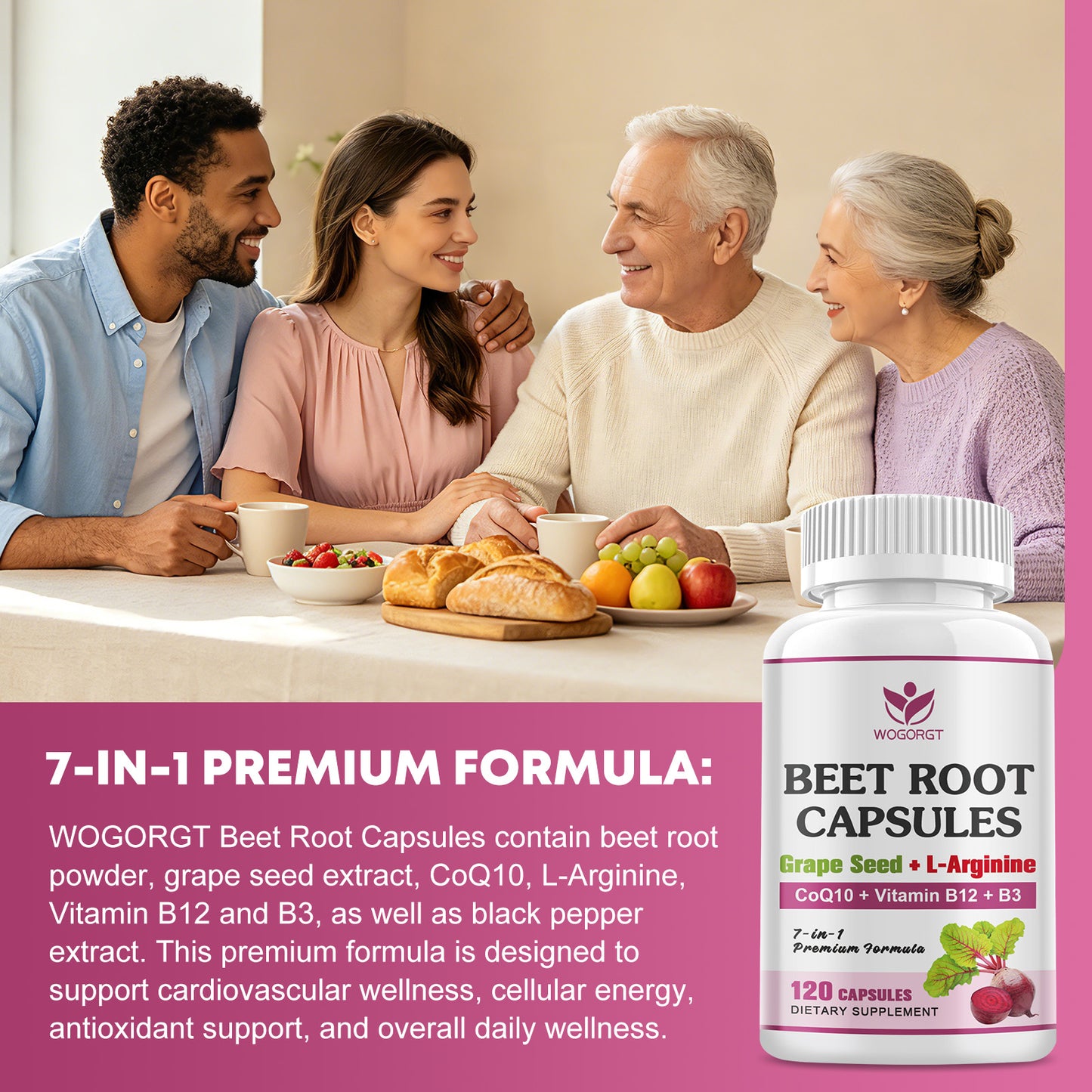 (1Pack) Beet Root Capsules - Blood Pressure Support - 800mg Beet Root Powder Supplement with Grape Seed Extract, CoQ10, L-Arginine, Vitamin B12 & B3 for Men & Women - Vegan, 120 Ct