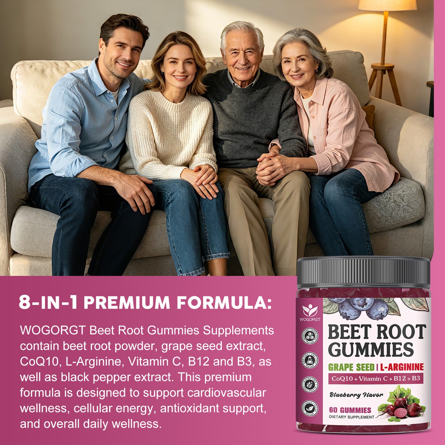 (1pack) Beet Root Gummies for Men & Women - Blood Pressure Support - Beetroot Supplement with Grape Seed Extract, CoQ10, L-Arginine, Vitamin C, B12 & B3 - Vegan, Sugar-Free, Blueberry Flavor, 60 Ct