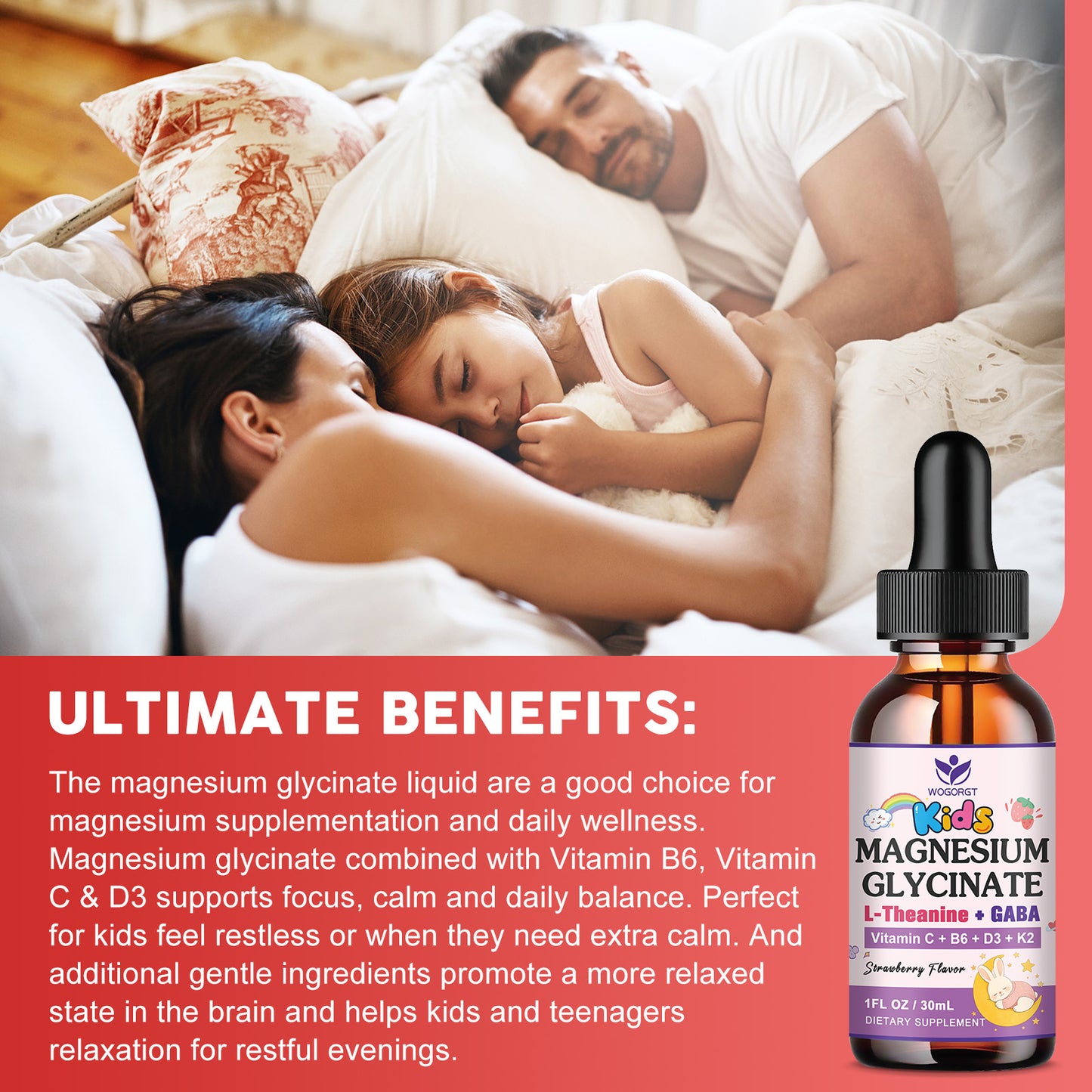(2 Pack)Kids Magnesium Glycinate Drops - Relaxation & Cognition Support - 200/100mg Magnesium Glycinate Supplement with L-Theanine, GABA, B6, D3 & K2 - Vegan, Sugar Free, Strawberry Flavor - 1 Fl Oz