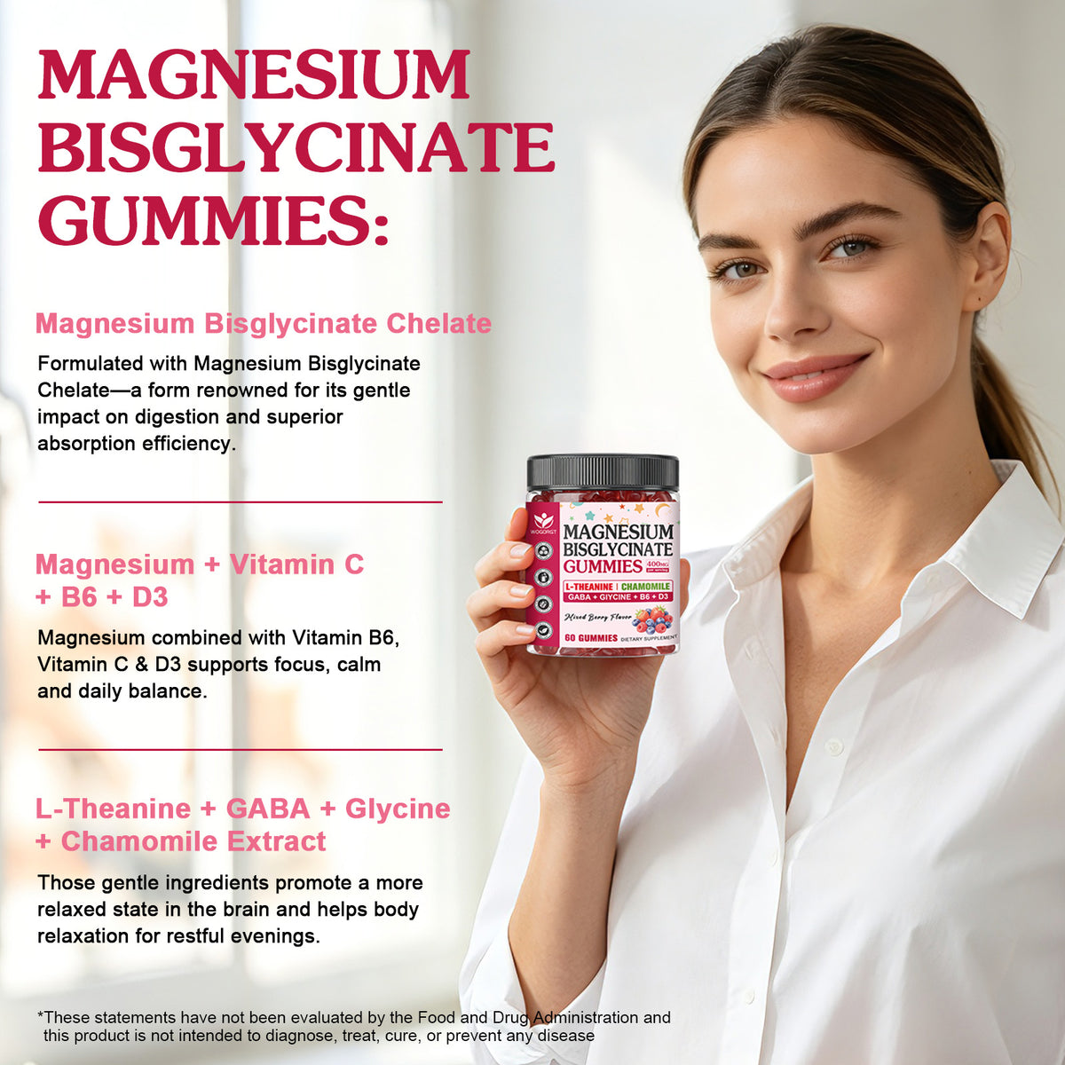 (1pack) Magnesium Bisglycinate Gummies 400mg, Magnesium Bisglycinate Chelated Supplement with L-theanine, GABA for Women & Men, Muscle, Focus Support, Mixed Berry Flavor, Sugar Free, 60 Ct