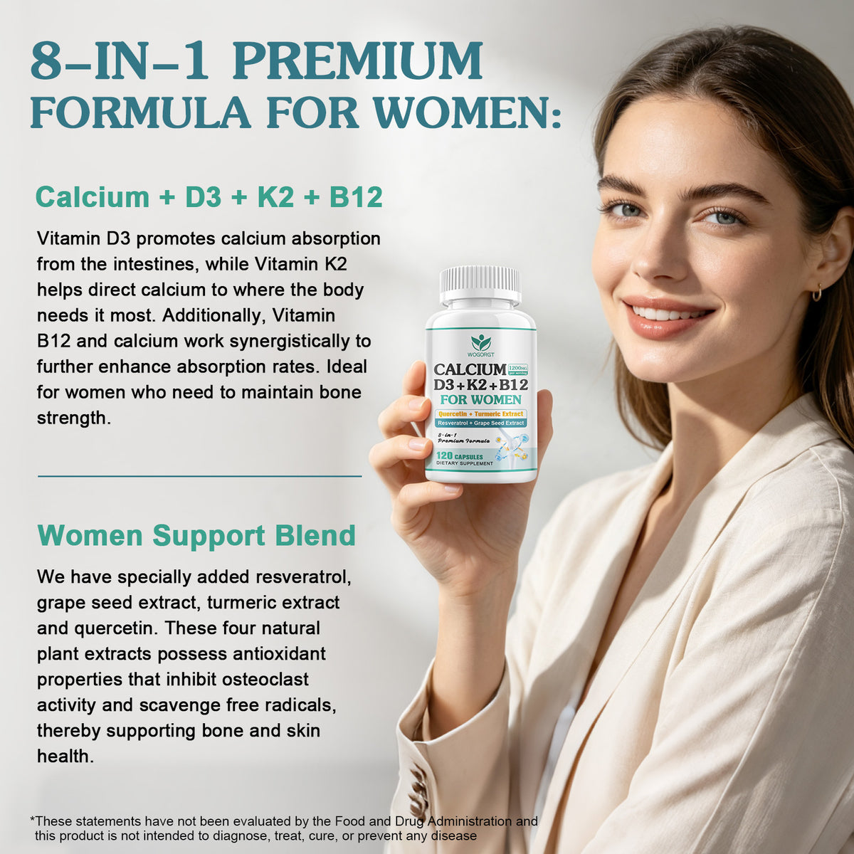 (1Pack) 1200mg Calcium D3 K2 B12 Supplement for Women, Calcium Citrate with Vitamin D3 K2 B12, Resveratrol, Grape Seed Extract for Bone & Teeth Support, Sugar Free, Vegan, 120Ct