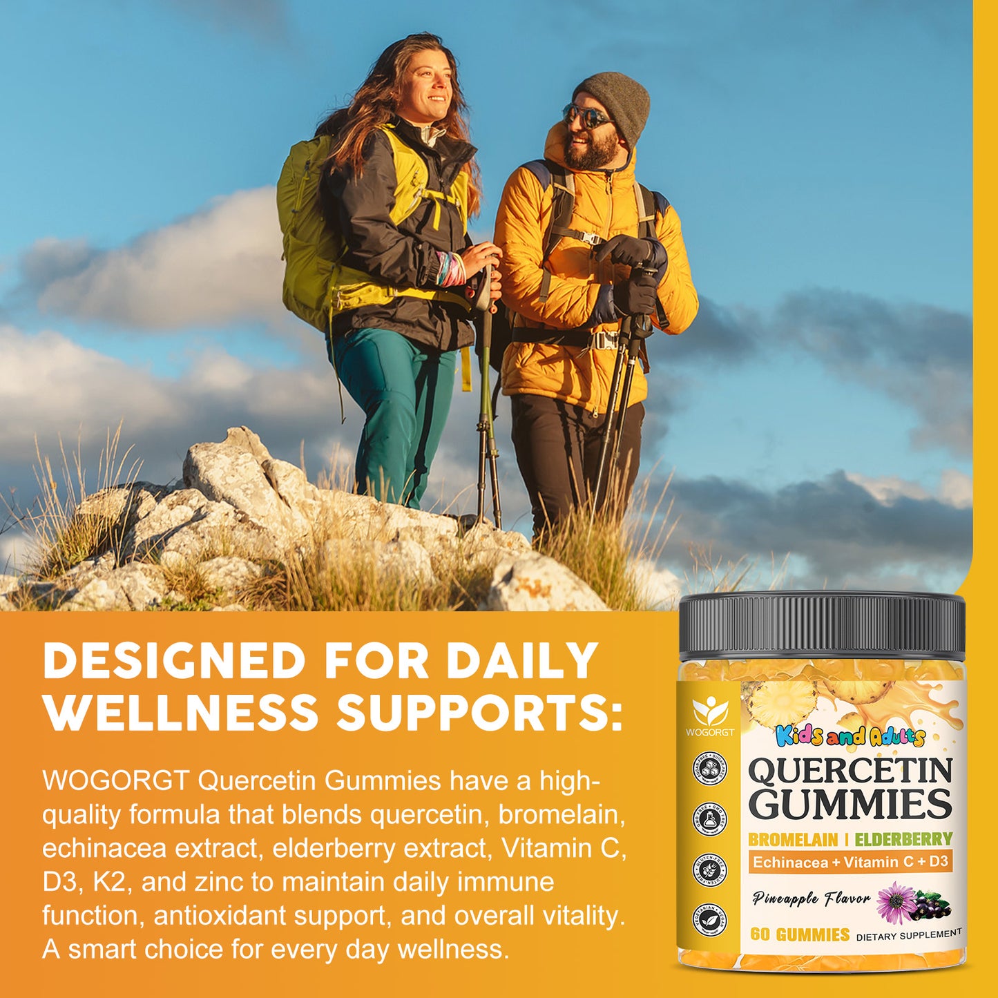 (1pack) Quercetin Gummies for Adults & Kids - 800mg Quercetin with Bromelain, Zinc, Elderberry, Vitamin C & D3 - lmmune & Seasonal Wellness Support - Sugar Free, Vegan, Pineapple Flavor - 60 Gummies
