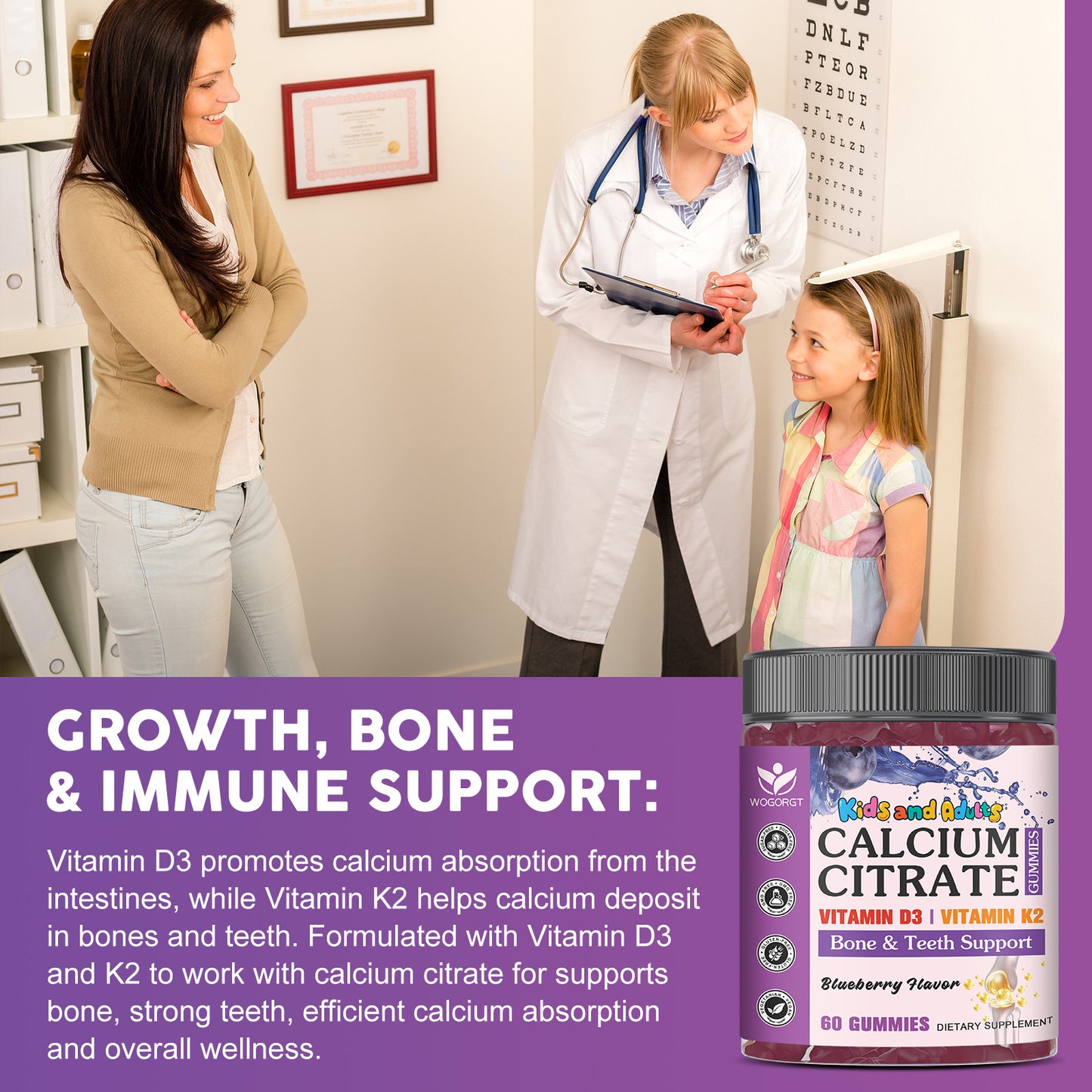 (2pack) Kids Calcium Gummies - 600mg / 1200mg Calcium Citrate Gummies Supplement with Vitamin D3 & K2 for Kids & Adults - Bone, Teeth, Immune Support - Vegan, Sugar Free, Blueberry Flavor, 60 Ct