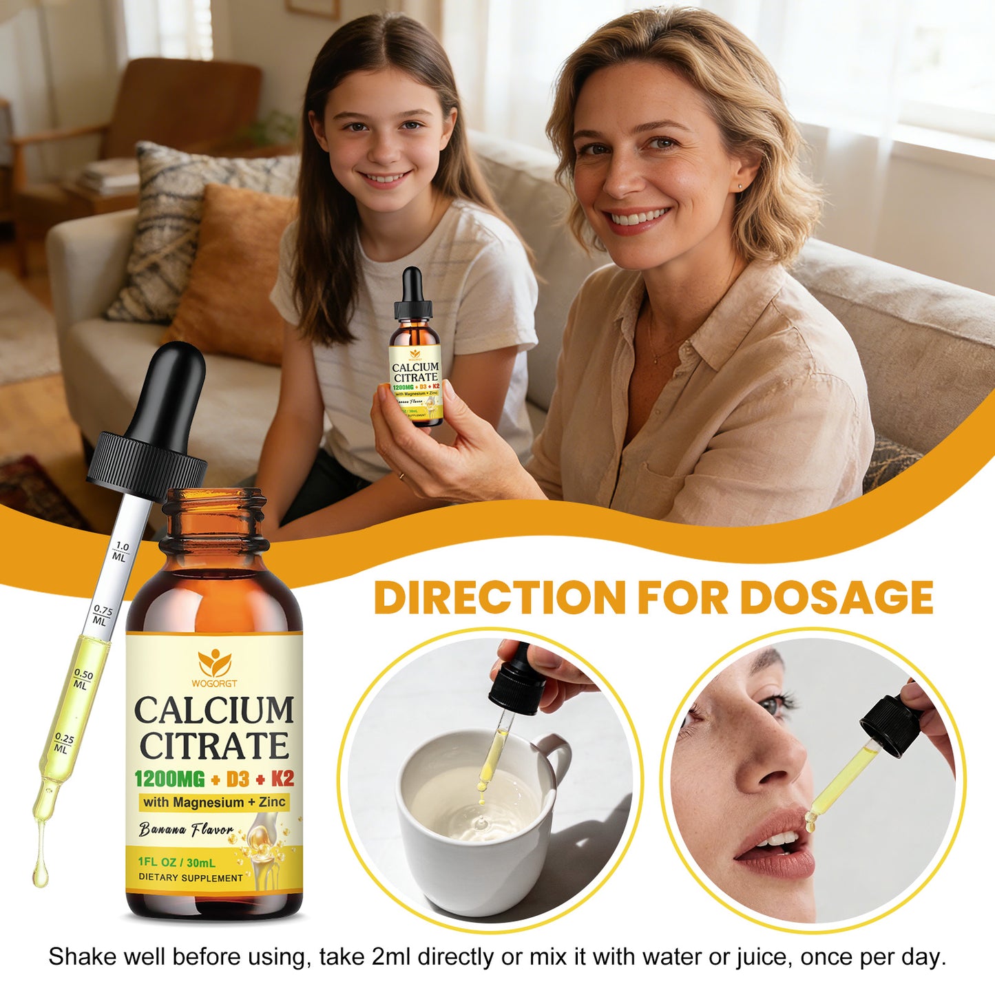 (2 Pack)Calcium Citrate 1200mg Liquid Supplement with Vitamin D3 for Women & Men - Calcium Magnesium Zinc D3 K2 Supplement for Bone, Teeth, Immune Support - Sugar Free, Vegan, Banana Flavor - 1 Fl Oz