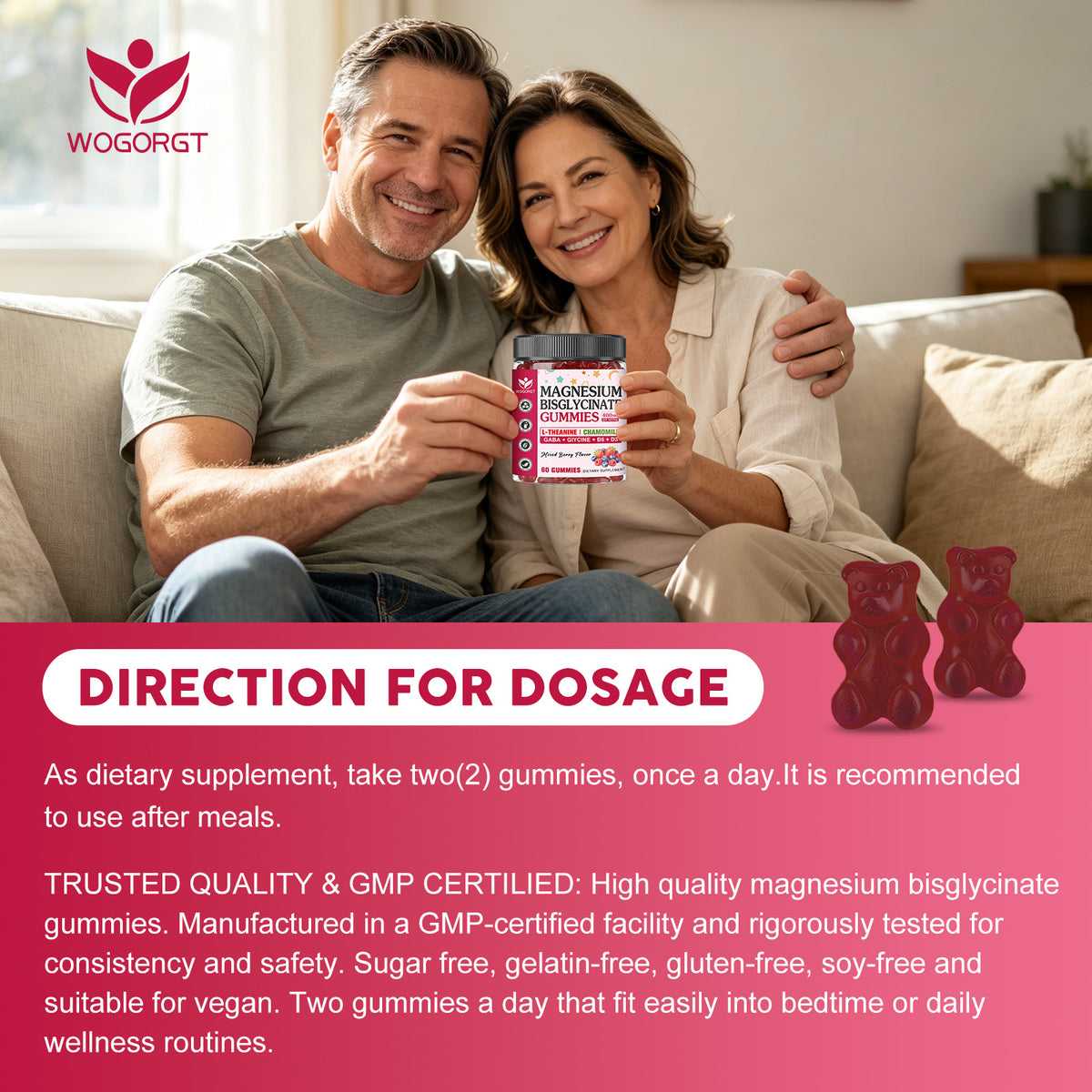 (1pack) Magnesium Bisglycinate Gummies 400mg, Magnesium Bisglycinate Chelated Supplement with L-theanine, GABA for Women & Men, Muscle, Focus Support, Mixed Berry Flavor, Sugar Free, 60 Ct
