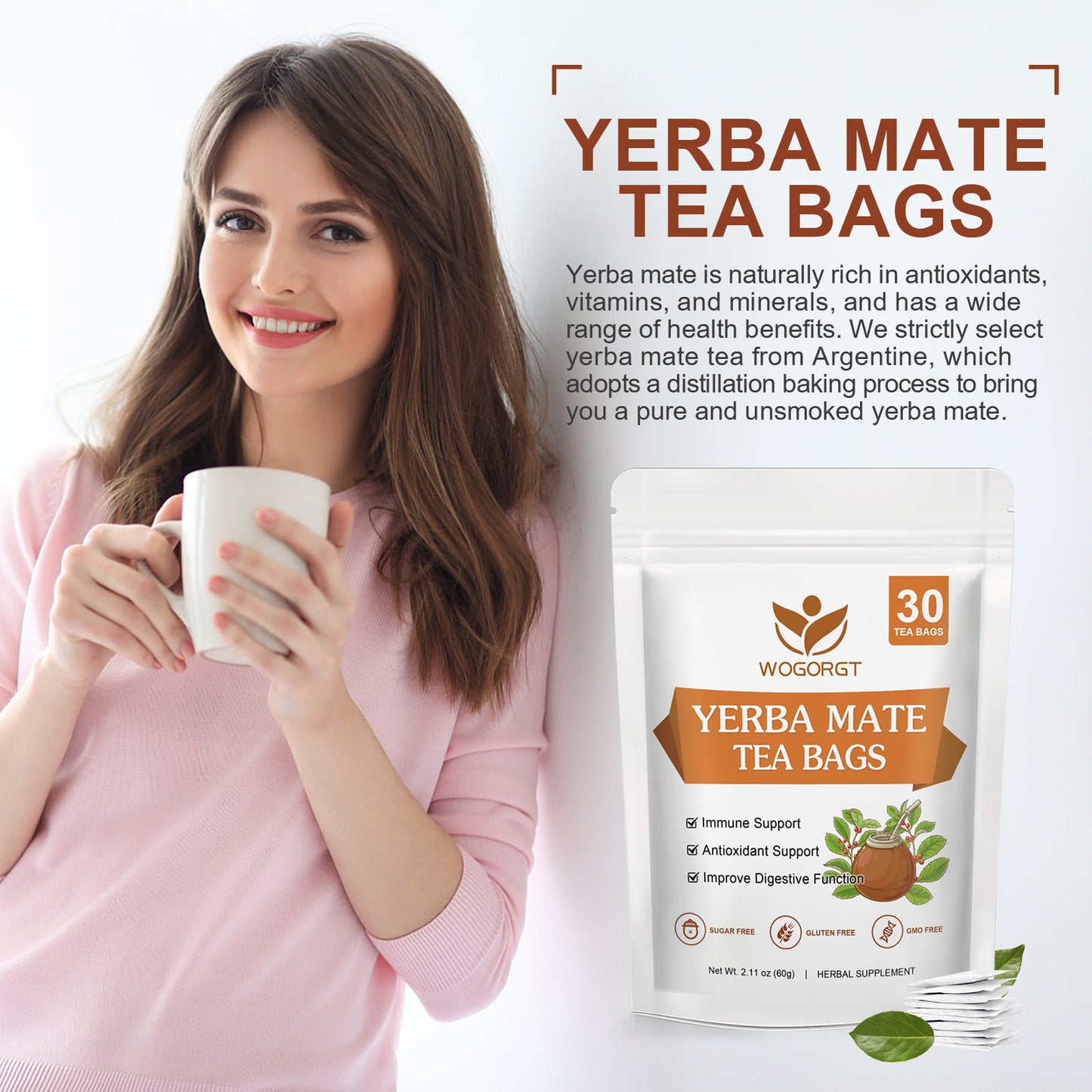 Yerba Mate Tea - Unsmoked Yerba Mate Herbal Tea Bags for Antioxidant, Detox, Digestion and Immune Support, Boost Energy - 30 Tea Bags