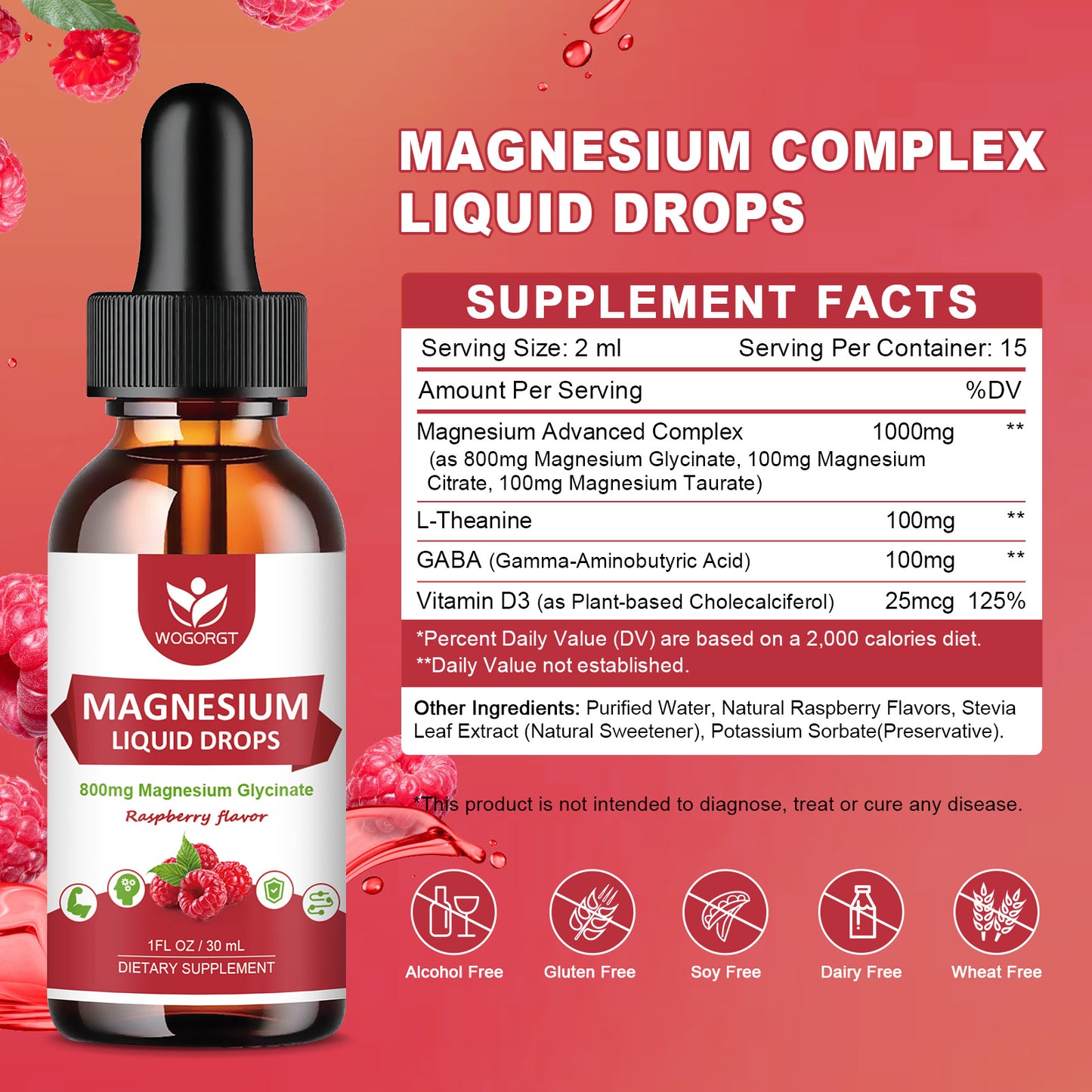 (2 Pack) Magnesium Glycinate Liquid Drops with Citrate & Taurate - High Absorption 1000mg Liquid Magnesium Complex with D3, GABA, L-theanine for Cognition, Calm, Mood & Sleep, Raspberry Flavor - 30mL