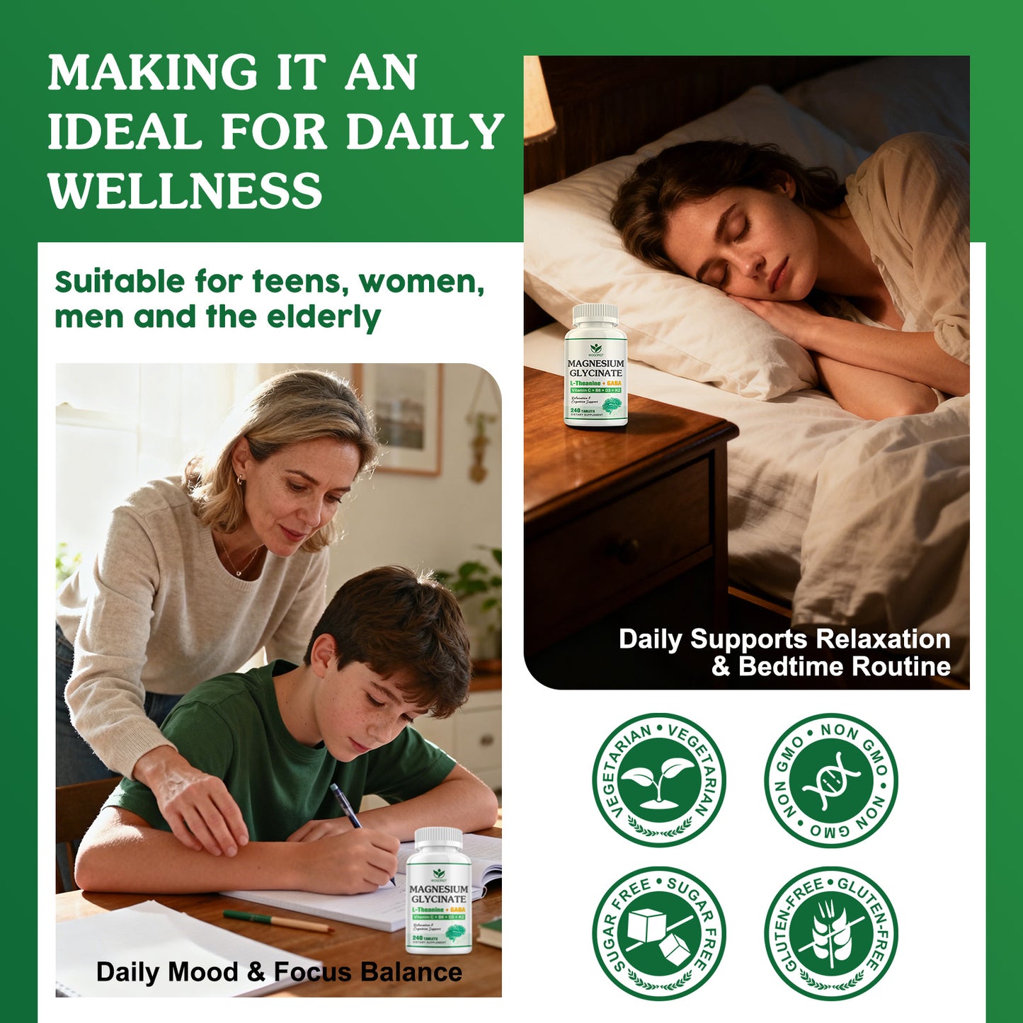 (1Pack) Magnesium Glycinate and L-Theanine Supplement - Relaxation & Cognition Support - 400mg Magnesium Supplement with L-Theanine, GABA, Chamomile, B6, D3 & K2 for Adults & Teens, Vegan - 240 Tablets