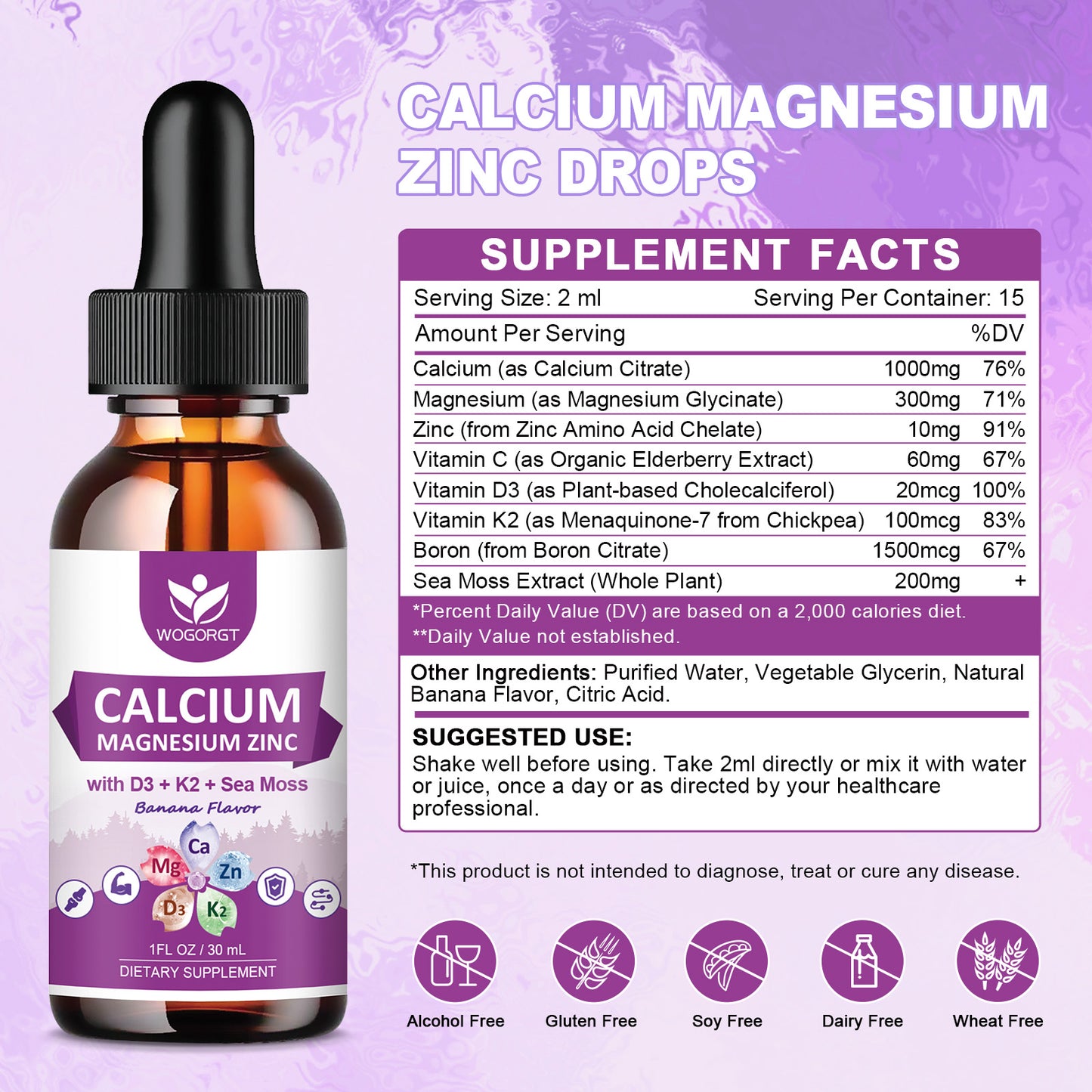 (2 Pack) Calcium Magnesium Zinc Liquid Drops with Vitamin D3 K2, Sea Moss Extract, High Absorption Calcium Citrate Liquid Supplement for Bone, Muscles, Immune & Sleep Support, Banana Flavor - 1 Fl Oz