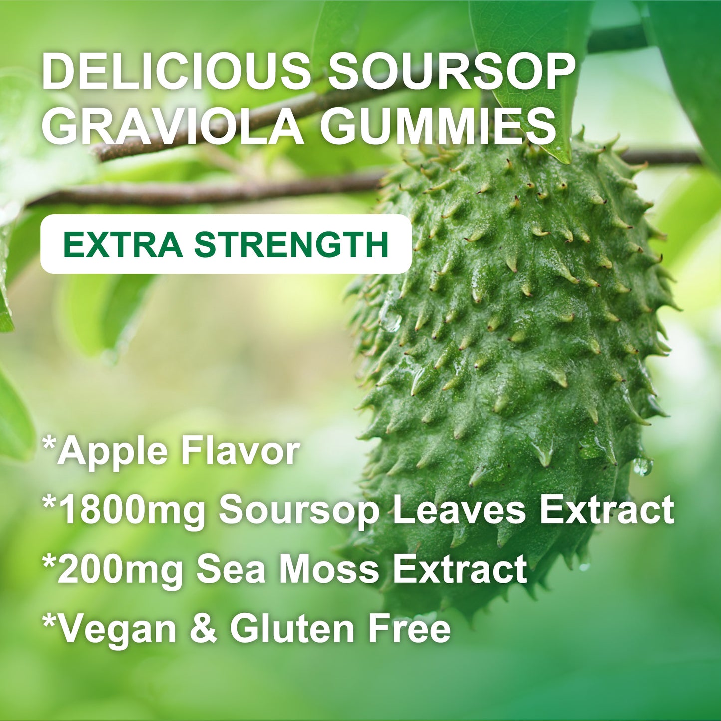 (1Pack)Soursop Graviola Gummies - 1800mg Soursop Leaves Extract Gummies with 200mg Sea Moss Extract for Antioxidant, Cell Support & Regeneration, Immune Support, Vegan, Apple Flavor - 60 Gummies