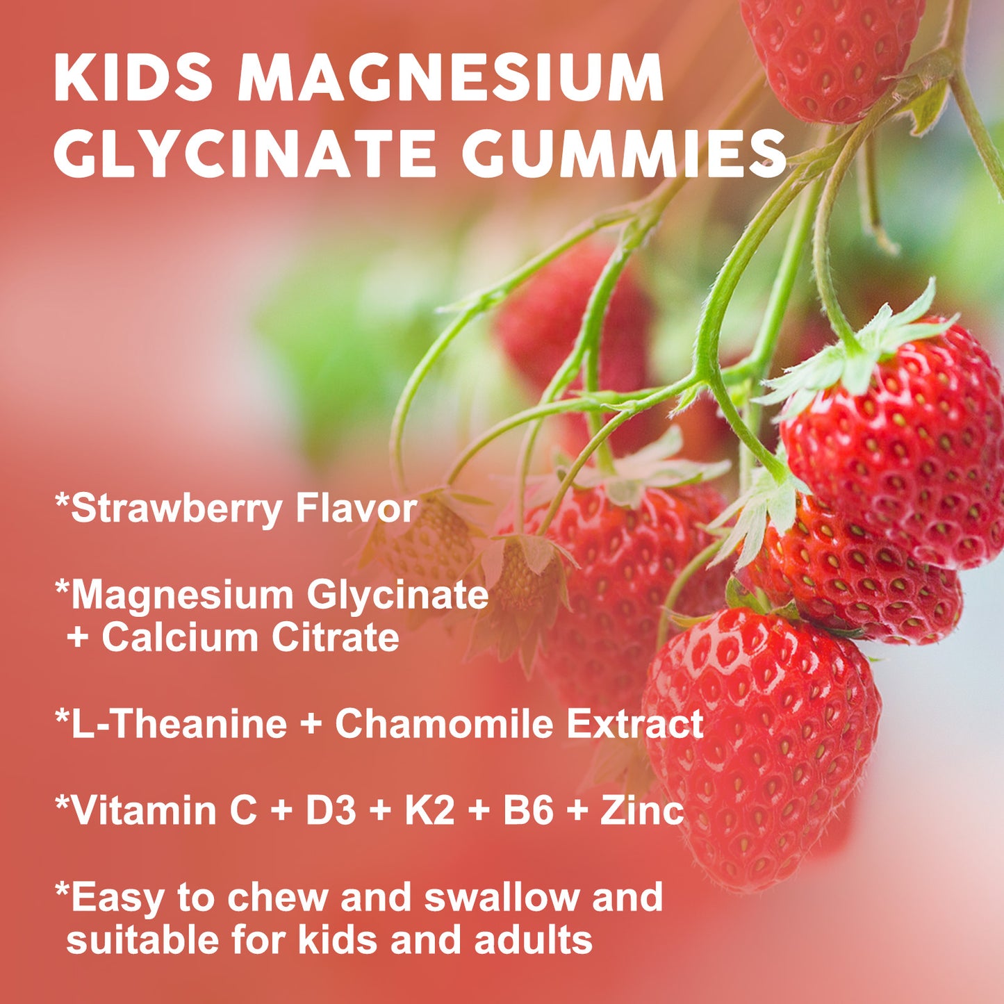 (2pack) Magnesium Glycinate Gummies for Kids & Adults - Relaxation & Cognition Support - 400/200mg Magnesium Supplement with L-Theanine, Chamomile, B6, D3 & K2 - Vegan, Sugar Free, Strawberry Flavor - 60 Gummies