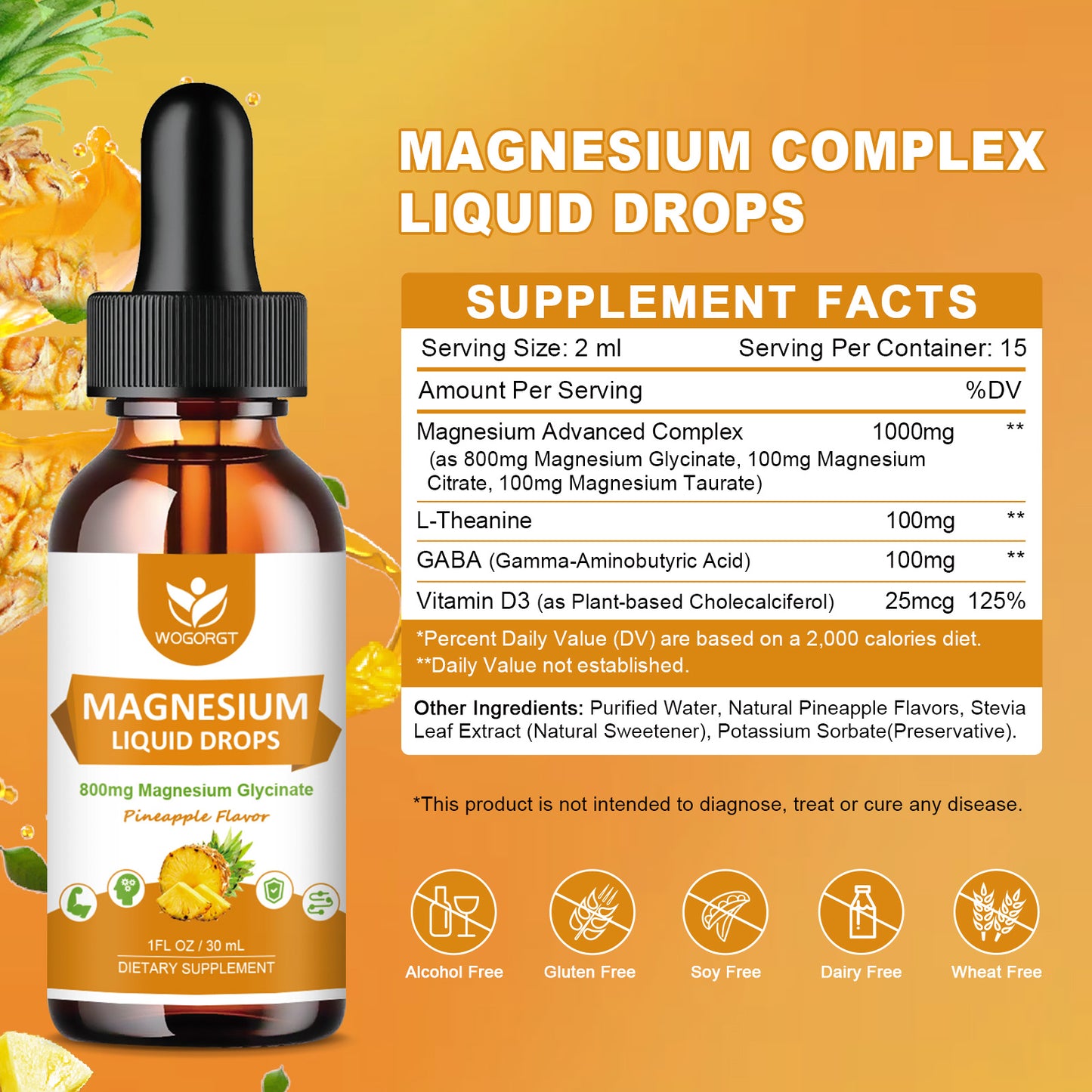 (2 Pack) Magnesium Glycinate Liquid Drops with Citrate & Taurate - High Absorption 1000mg Liquid Magnesium Complex with D3, GABA, L-theanine for Cognition, Calm, Mood & Sleep, Pineapple Flavor - 30mL