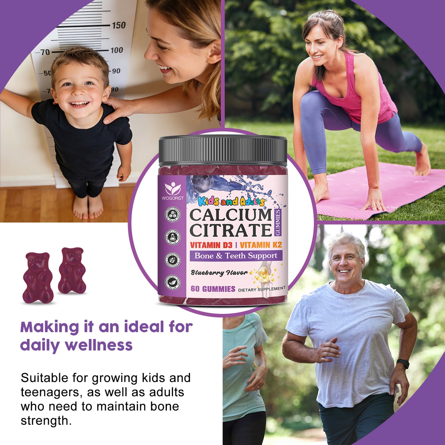 (2pack) Kids Calcium Gummies - 600mg / 1200mg Calcium Citrate Gummies Supplement with Vitamin D3 & K2 for Kids & Adults - Bone, Teeth, Immune Support - Vegan, Sugar Free, Blueberry Flavor, 60 Ct