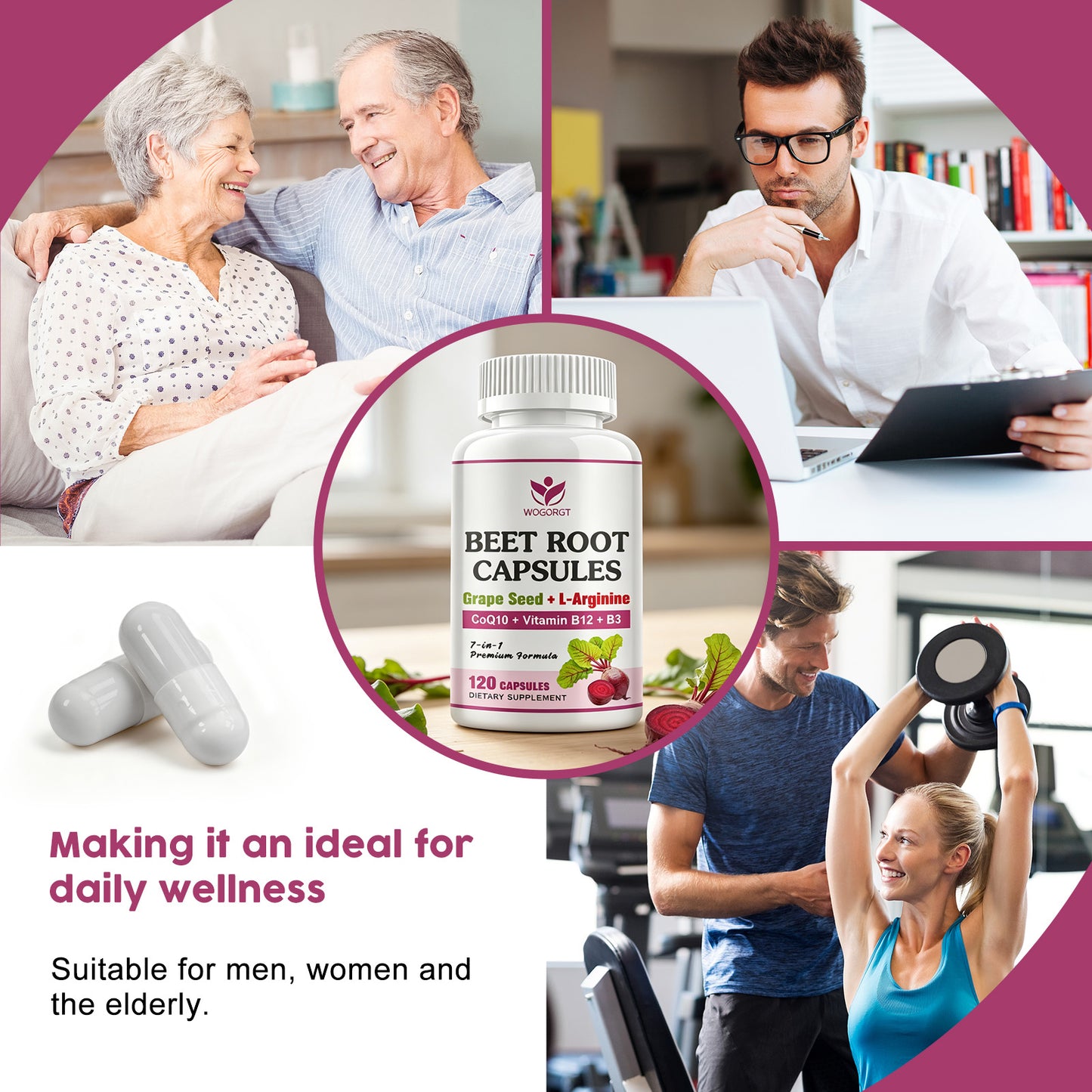 (1Pack) Beet Root Capsules - Blood Pressure Support - 800mg Beet Root Powder Supplement with Grape Seed Extract, CoQ10, L-Arginine, Vitamin B12 & B3 for Men & Women - Vegan, 120 Ct