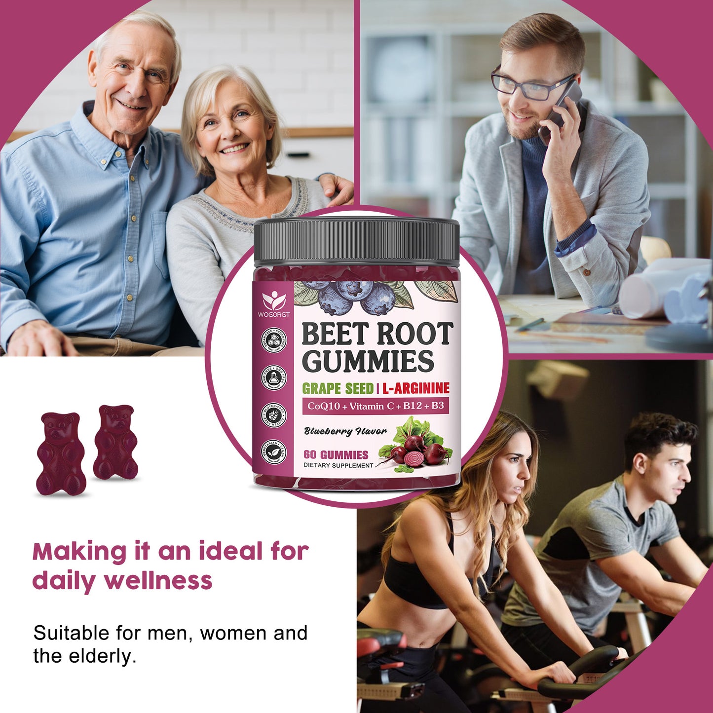 (1pack) Beet Root Gummies for Men & Women - Blood Pressure Support - Beetroot Supplement with Grape Seed Extract, CoQ10, L-Arginine, Vitamin C, B12 & B3 - Vegan, Sugar-Free, Blueberry Flavor, 60 Ct