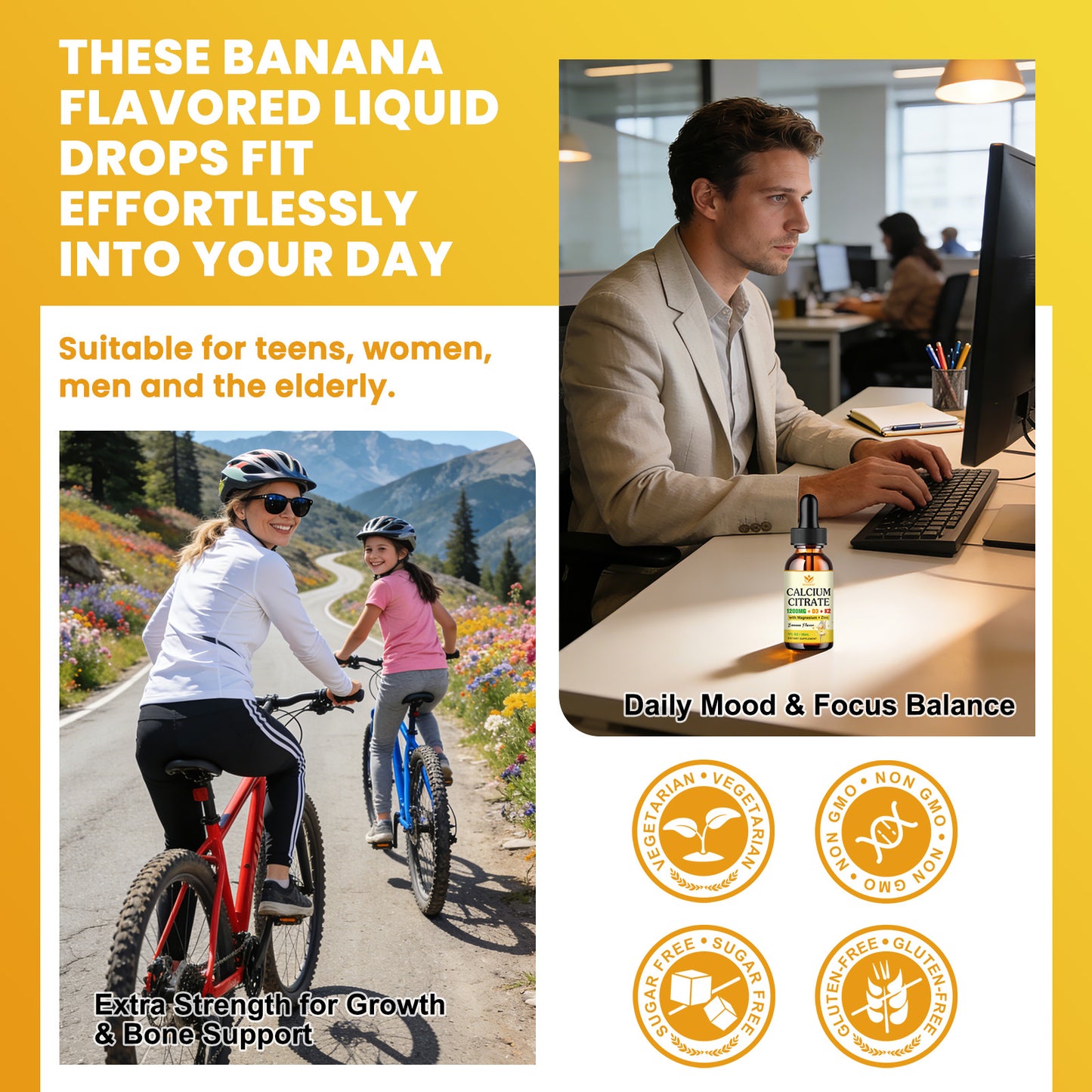 (2 Pack)Calcium Citrate 1200mg Liquid Supplement with Vitamin D3 for Women & Men - Calcium Magnesium Zinc D3 K2 Supplement for Bone, Teeth, Immune Support - Sugar Free, Vegan, Banana Flavor - 1 Fl Oz