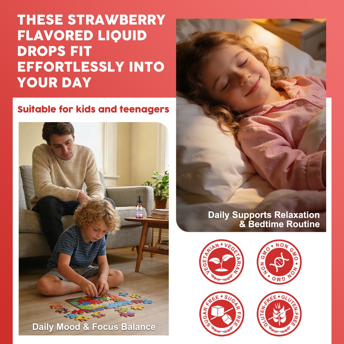 (2 Pack)Kids Magnesium Glycinate Drops - Relaxation & Cognition Support - 200/100mg Magnesium Glycinate Supplement with L-Theanine, GABA, B6, D3 & K2 - Vegan, Sugar Free, Strawberry Flavor - 1 Fl Oz