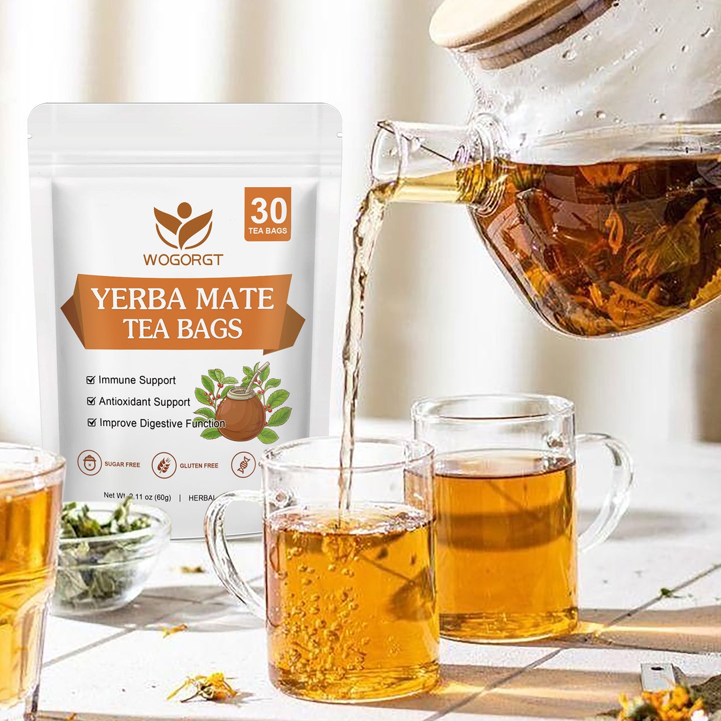 Yerba Mate Tea - Unsmoked Yerba Mate Herbal Tea Bags for Antioxidant, Detox, Digestion and Immune Support, Boost Energy - 30 Tea Bags