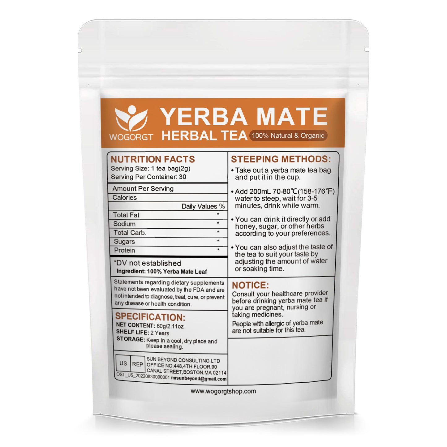 Yerba Mate Tea - Unsmoked Yerba Mate Herbal Tea Bags for Antioxidant, Detox, Digestion and Immune Support, Boost Energy - 30 Tea Bags