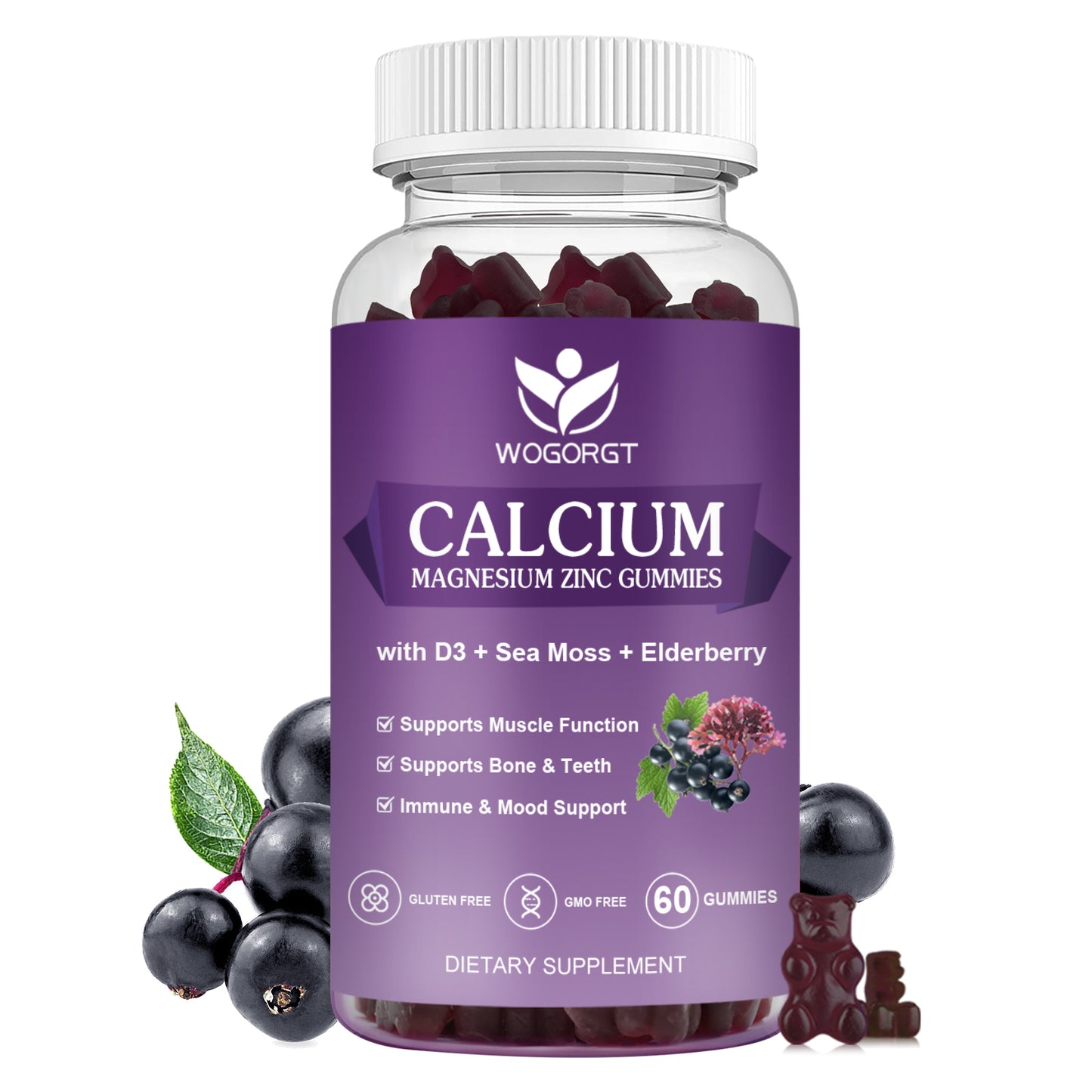 (1Pack) Calcium Magnesium Zinc Gummies with Vitamin D3 - High Absorption Complex Calcium Supplement with Sea Moss, Elderberry for Bone, Muscles, Immune, Mood & Sleep Support, Vegan - 60 Gummies