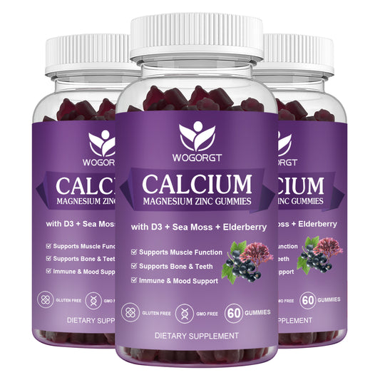 (3Pack) Calcium Magnesium Zinc Gummies with Vitamin D3 - High Absorption Complex Calcium Supplement with Sea Moss, Elderberry for Bone, Muscles, Immune, Mood & Sleep Support, Vegan - 60 Gummies