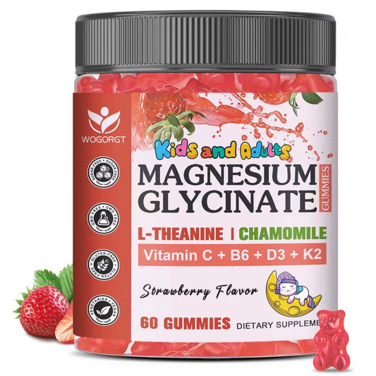 (1pack) Magnesium Glycinate Gummies for Kids & Adults - Relaxation & Cognition Support - 400/200mg Magnesium Supplement with L-Theanine, Chamomile, B6, D3 & K2 - Vegan, Sugar Free, Strawberry Flavor - 60 Gummies