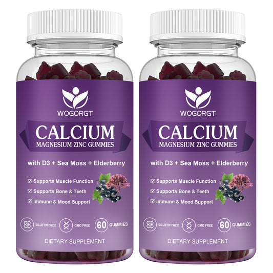 (2Pack) Calcium Magnesium Zinc Gummies with Vitamin D3 - High Absorption Complex Calcium Supplement with Sea Moss, Elderberry for Bone, Muscles, Immune, Mood & Sleep Support, Vegan - 60 Gummies