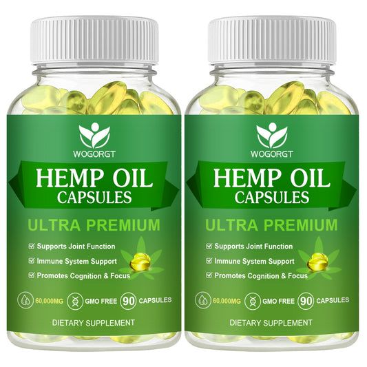 (2Pack) Hemp Oil Capsules - 60,000 Maximum Strength, Immune Support, Focus Calm, Relaxation, Mood, Rich in Omega 3, 6, 9 Fatty Acids, Vegan - 90 Capsules