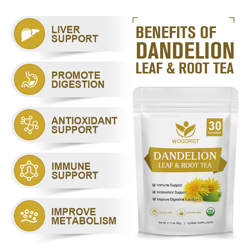 Dandelion Leaf & Root Tea - Natural Dandelion Herbal Tea for Liver Support, Antioxidant, Digestion and Immune Support, Caffeine Free - 30 Tea Bags