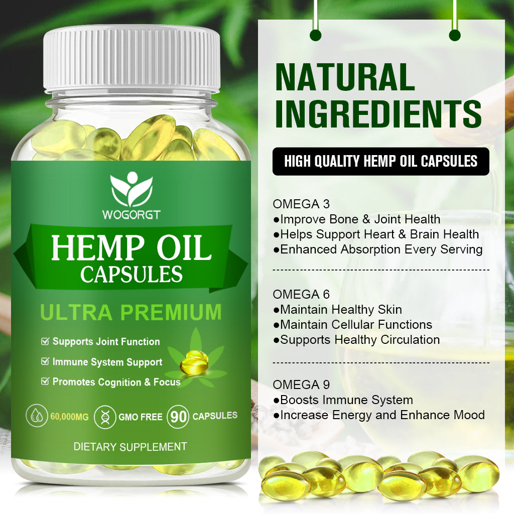 (2Pack) Hemp Oil Capsules - 60,000 Maximum Strength, Immune Support, Focus Calm, Relaxation, Mood, Rich in Omega 3, 6, 9 Fatty Acids, Vegan - 90 Capsules