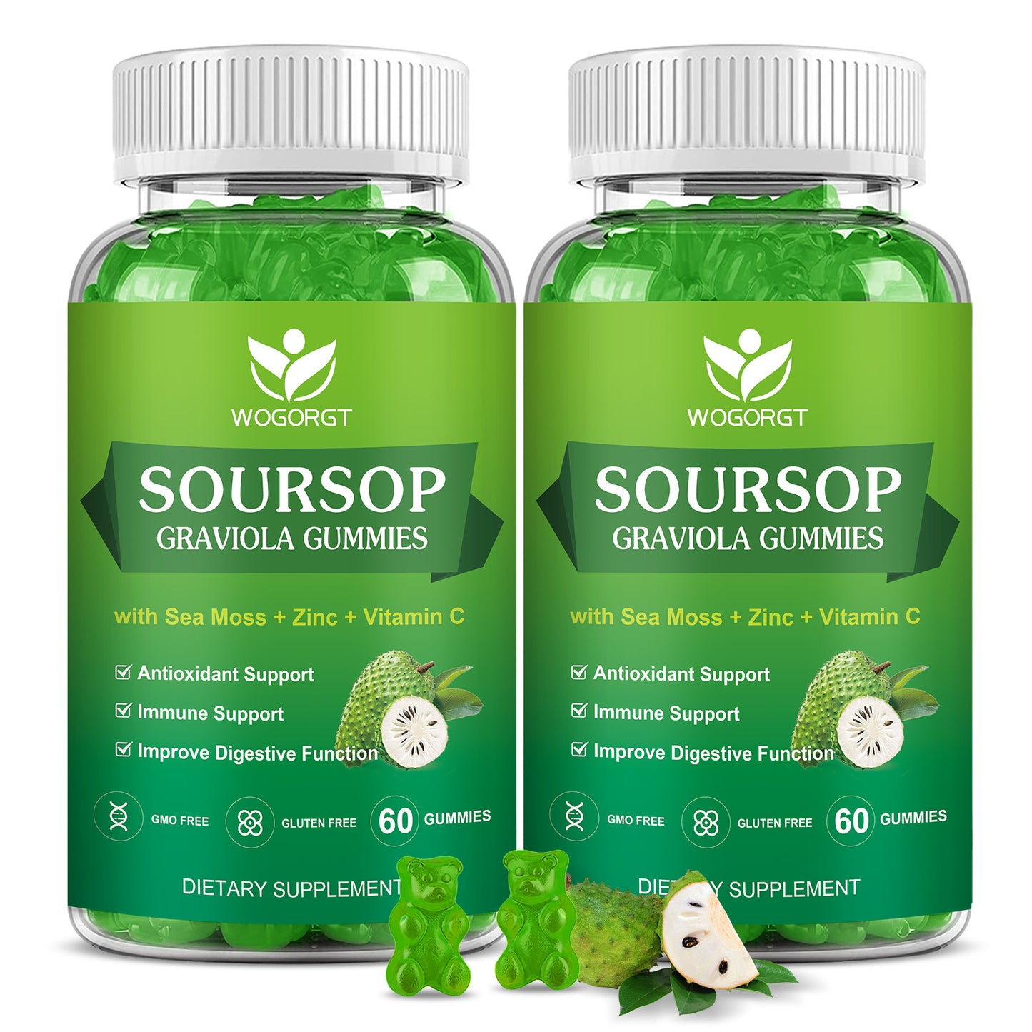 (2Pack)Soursop Graviola Gummies - 1800mg Soursop Leaves Extract Gummies with 200mg Sea Moss Extract for Antioxidant, Cell Support & Regeneration, Immune Support, Vegan, Apple Flavor - 60 Gummies