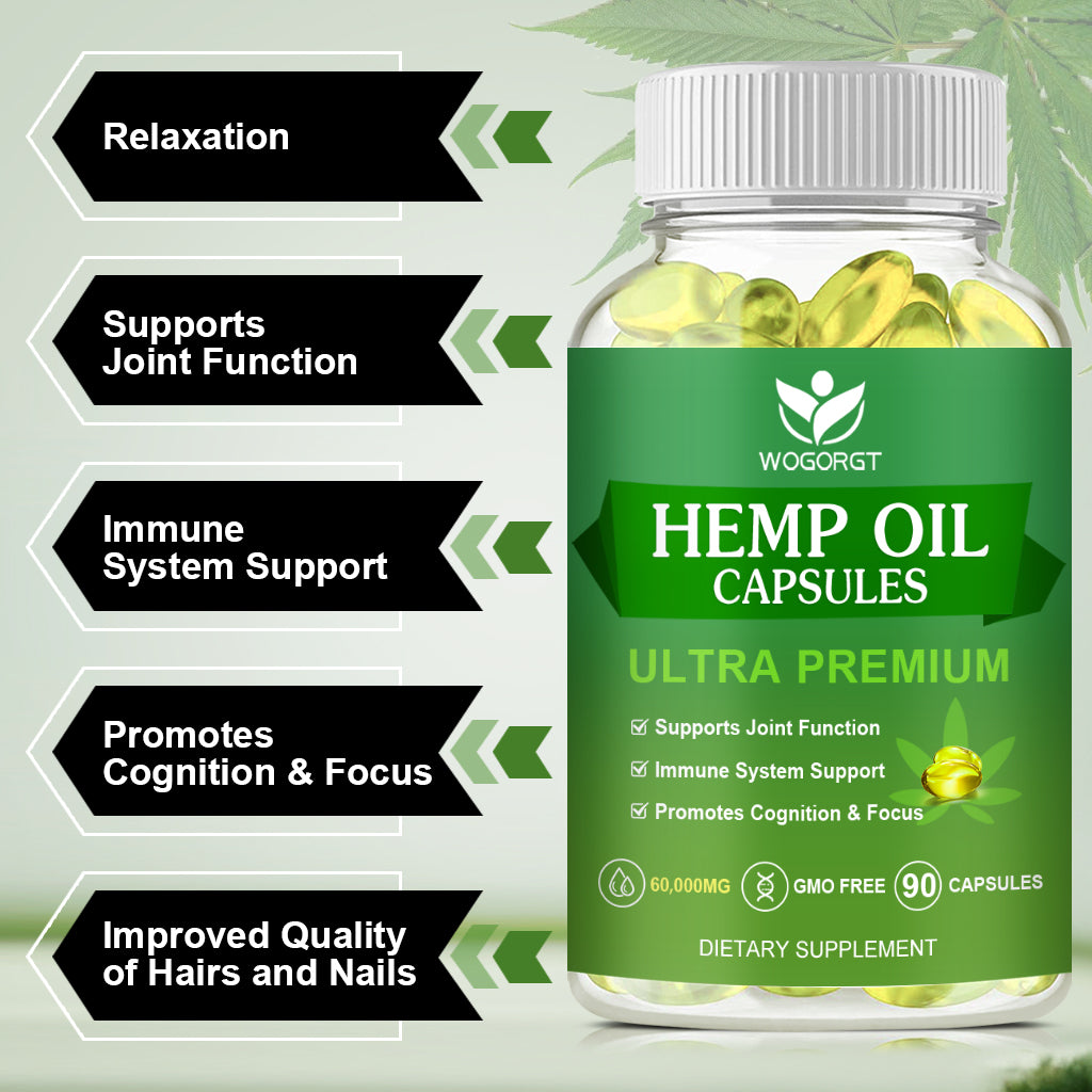 (2Pack) Hemp Oil Capsules - 60,000 Maximum Strength, Immune Support, Focus Calm, Relaxation, Mood, Rich in Omega 3, 6, 9 Fatty Acids, Vegan - 90 Capsules