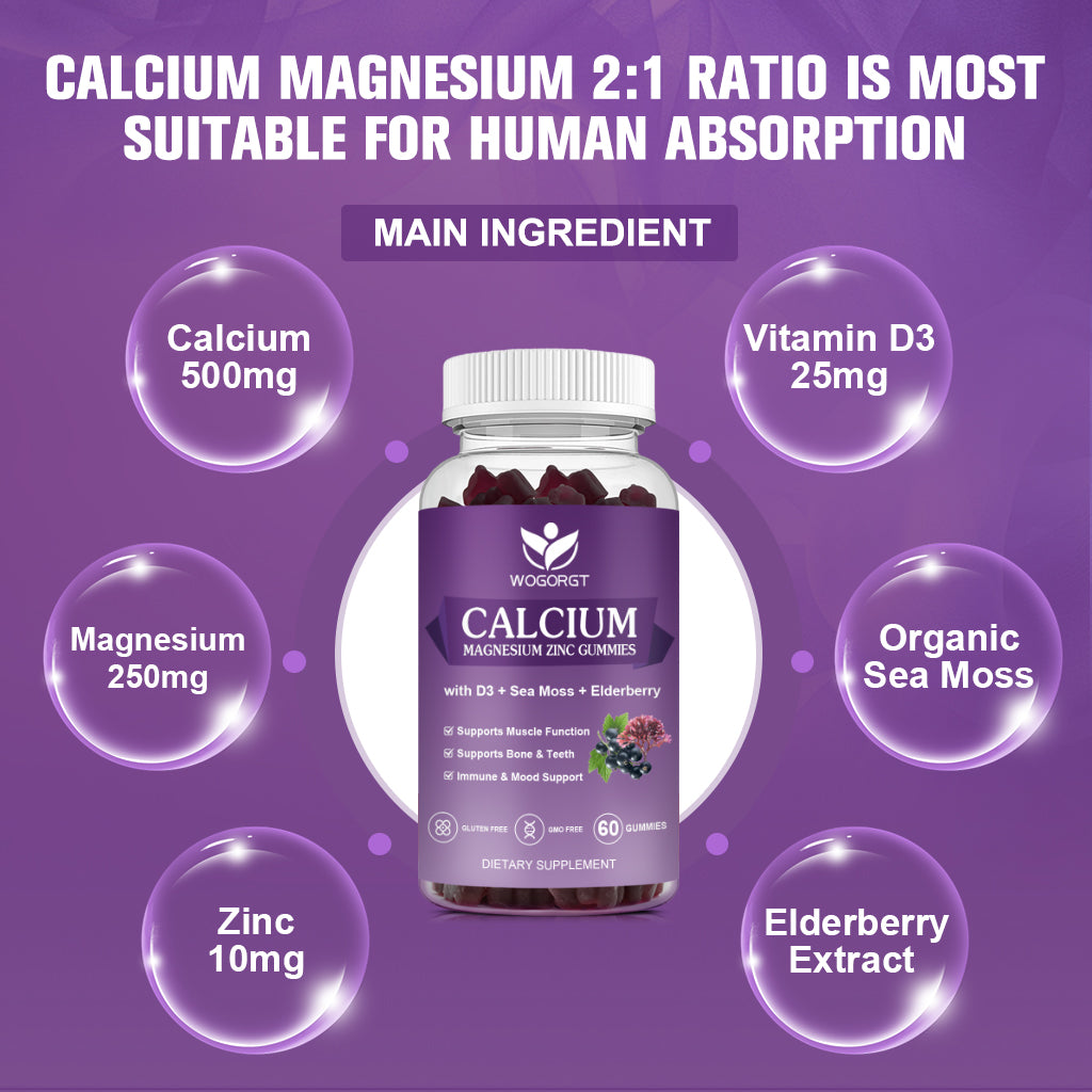 (1Pack) Calcium Magnesium Zinc Gummies with Vitamin D3 - High Absorption Complex Calcium Supplement with Sea Moss, Elderberry for Bone, Muscles, Immune, Mood & Sleep Support, Vegan - 60 Gummies