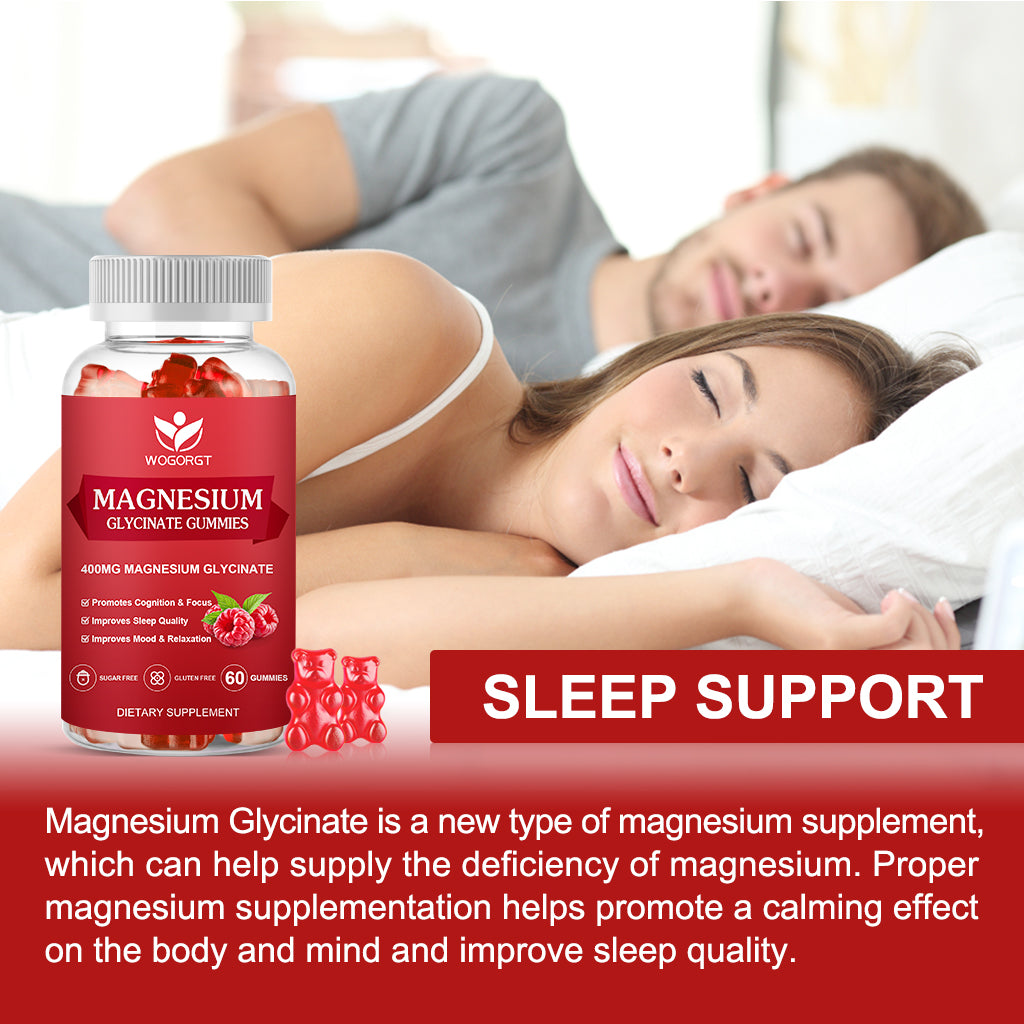 Magnesium Glycinate Gummies - 400mg Magnesium Glycinate Gummies with Vitamin D, B6, and CoQ10, Magnesium Supplement for Relaxation and Cognition, Sugar Free - 60 Raspberry Gummies