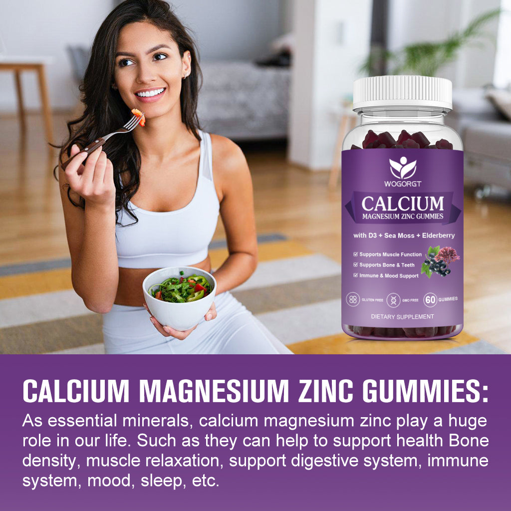 (1Pack) Calcium Magnesium Zinc Gummies with Vitamin D3 - High Absorption Complex Calcium Supplement with Sea Moss, Elderberry for Bone, Muscles, Immune, Mood & Sleep Support, Vegan - 60 Gummies