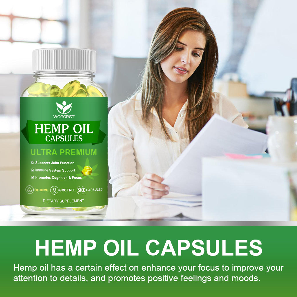 (2Pack) Hemp Oil Capsules - 60,000 Maximum Strength, Immune Support, Focus Calm, Relaxation, Mood, Rich in Omega 3, 6, 9 Fatty Acids, Vegan - 90 Capsules