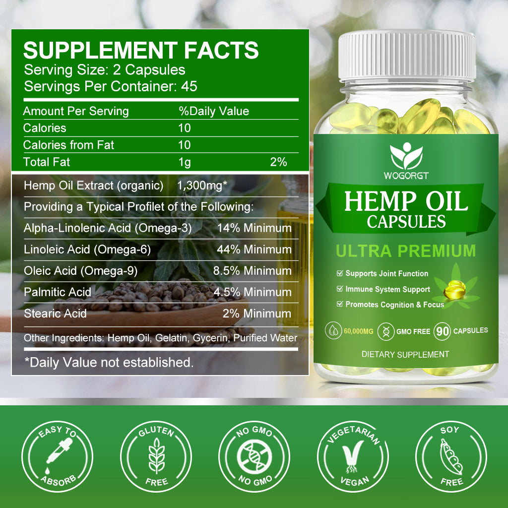 (2Pack) Hemp Oil Capsules - 60,000 Maximum Strength, Immune Support, Focus Calm, Relaxation, Mood, Rich in Omega 3, 6, 9 Fatty Acids, Vegan - 90 Capsules