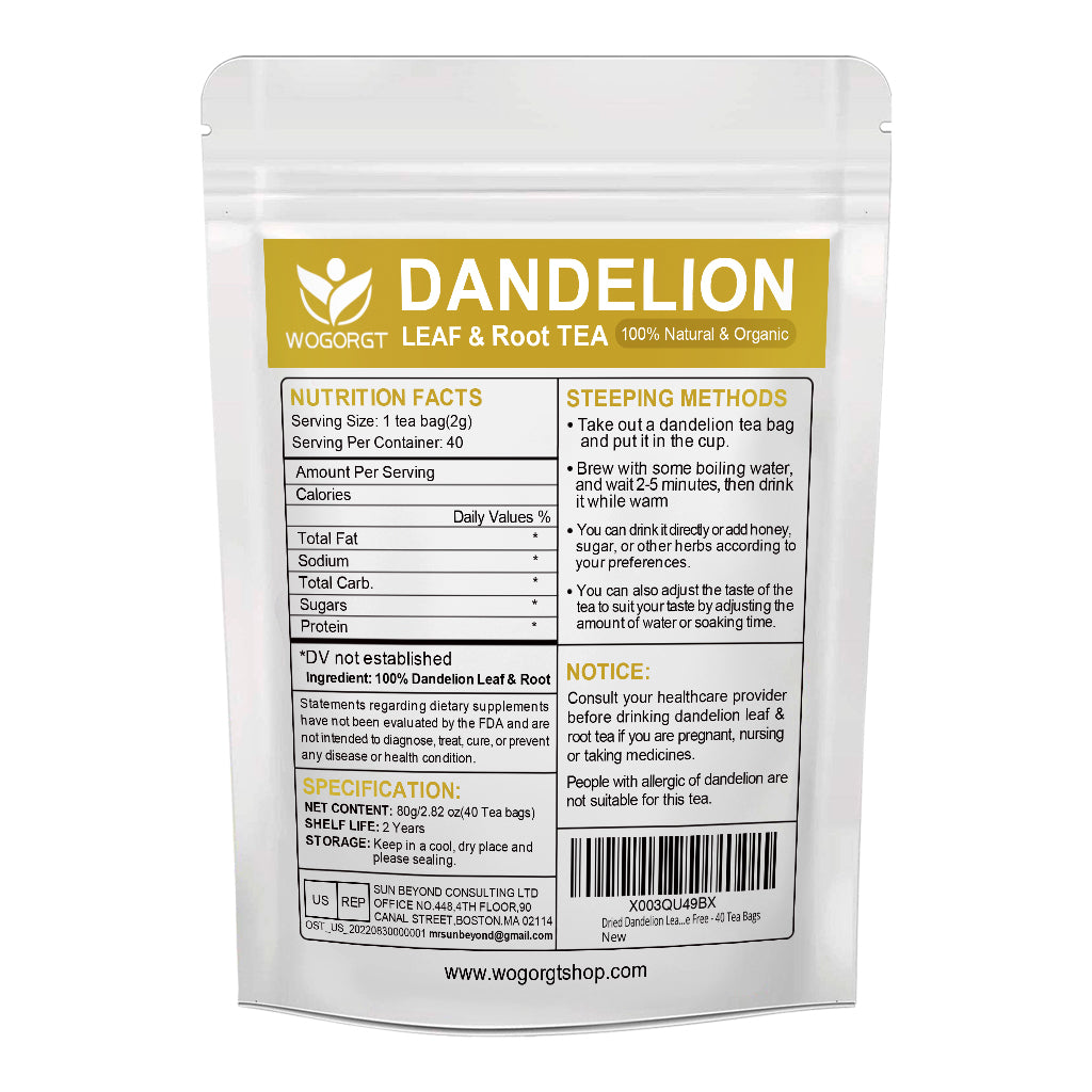 Dandelion Leaf & Root Tea - Natural Dandelion Herbal Tea for Liver Support, Antioxidant, Digestion and Immune Support, Caffeine Free - 40 Tea Bags