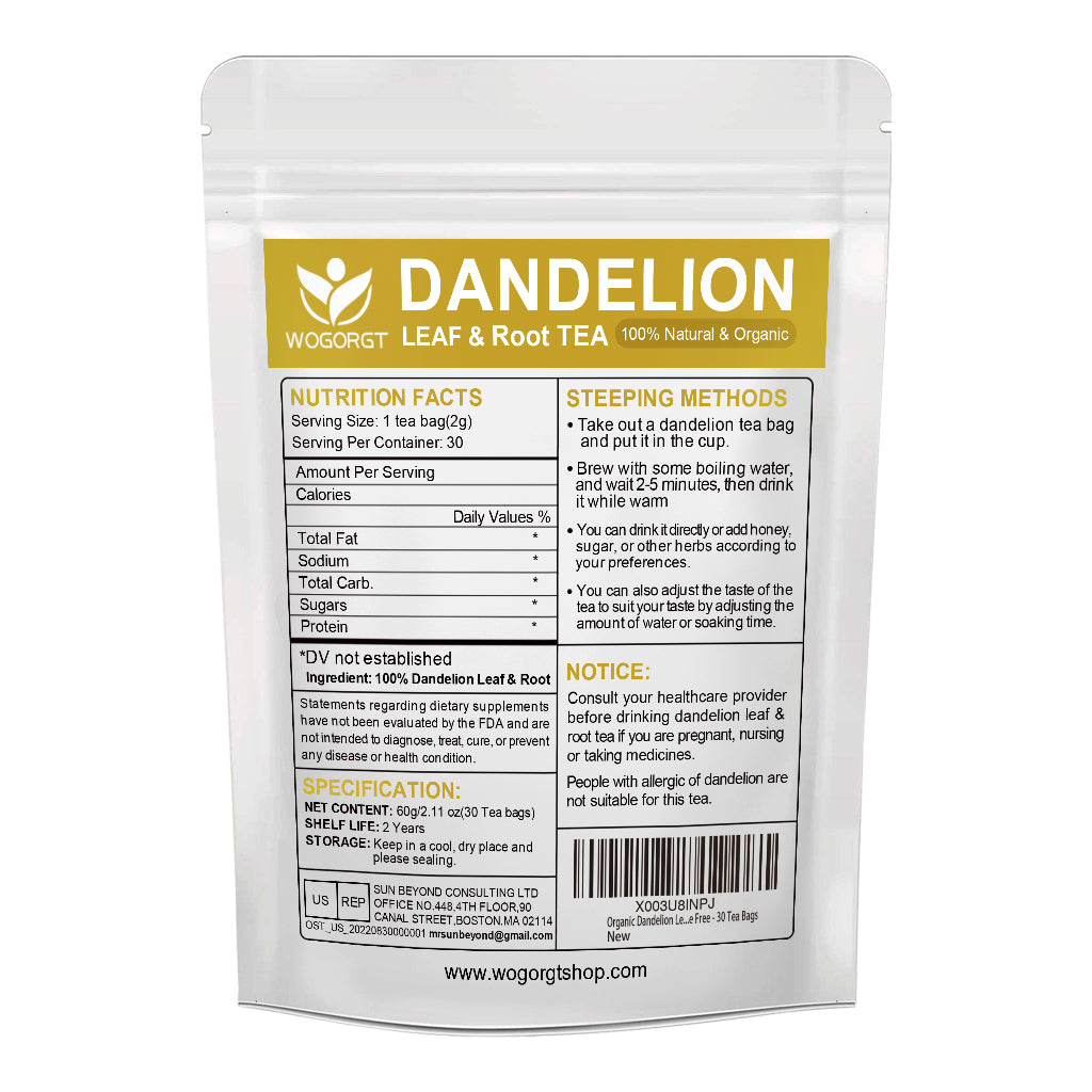 Dandelion Leaf & Root Tea - Natural Dandelion Herbal Tea for Liver Support, Antioxidant, Digestion and Immune Support, Caffeine Free - 30 Tea Bags