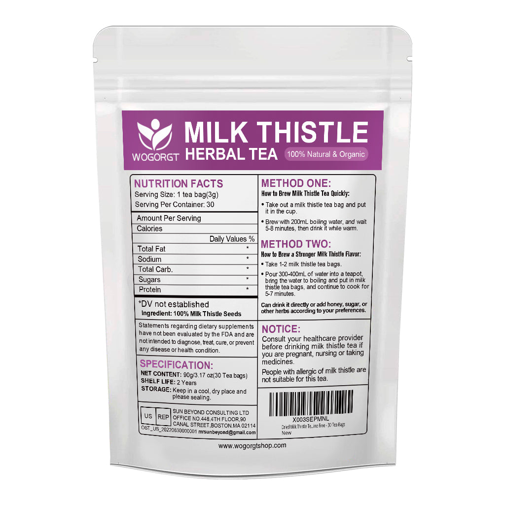 Milk Thistle Tea - Natural Milk Thistle Herbal Tea for Liver Cleanse, Antioxidant and Immune Support, Caffeine Free - 30 Tea Bags