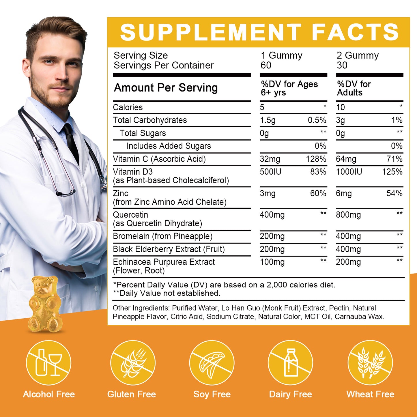 (2pack) Quercetin Gummies for Adults & Kids - 800mg Quercetin with Bromelain, Zinc, Elderberry, Vitamin C & D3 - lmmune & Seasonal Wellness Support - Sugar Free, Vegan, Pineapple Flavor - 60 Gummies