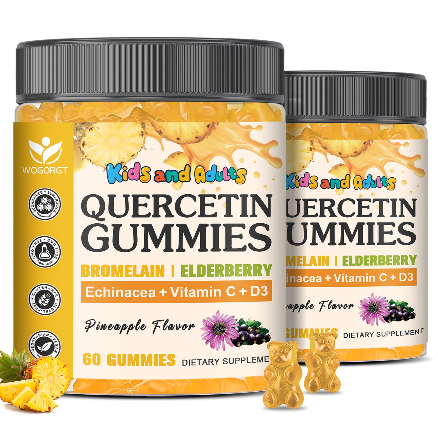 (2pack) Quercetin Gummies for Adults & Kids - 800mg Quercetin with Bromelain, Zinc, Elderberry, Vitamin C & D3 - lmmune & Seasonal Wellness Support - Sugar Free, Vegan, Pineapple Flavor - 60 Gummies
