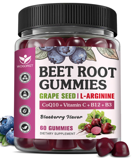 (1pack) Beet Root Gummies for Men & Women - Blood Pressure Support - Beetroot Supplement with Grape Seed Extract, CoQ10, L-Arginine, Vitamin C, B12 & B3 - Vegan, Sugar-Free, Blueberry Flavor, 60 Ct