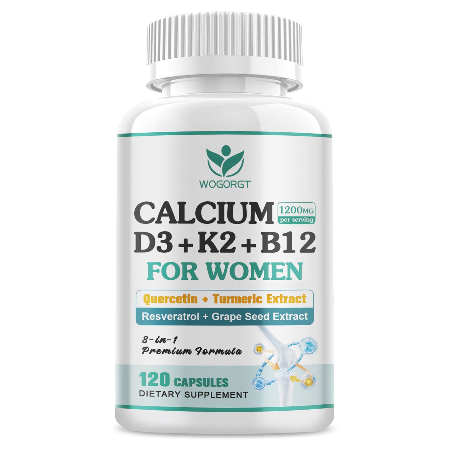 (1Pack) 1200mg Calcium D3 K2 B12 Supplement for Women, Calcium Citrate with Vitamin D3 K2 B12, Resveratrol, Grape Seed Extract for Bone & Teeth Support, Sugar Free, Vegan, 120Ct